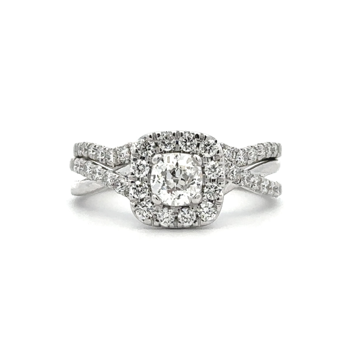 10K White Gold 1.10CTW. Diamond Twisted Shank Halo Engagement Ring and Contoured Wedding Band Set