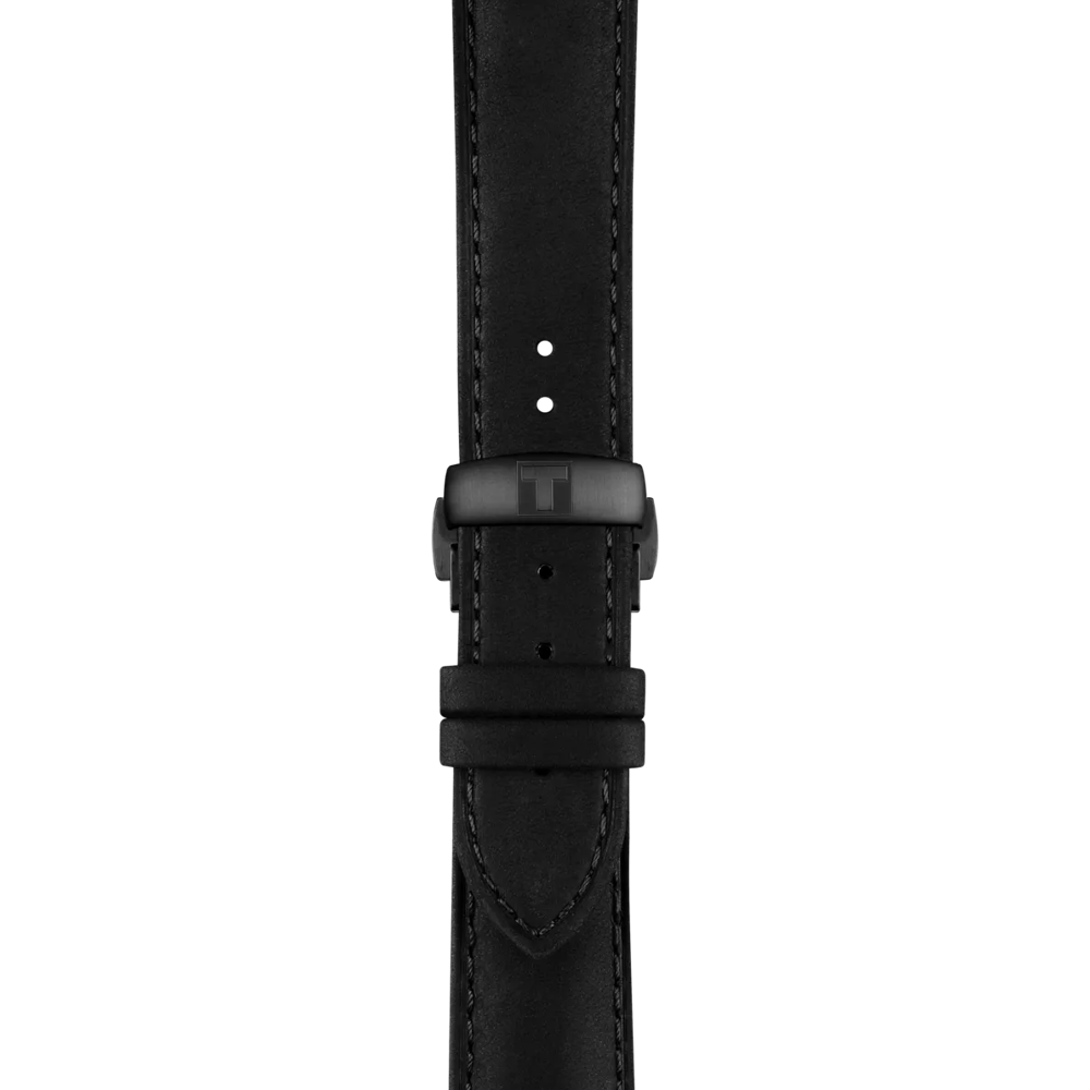 Black leather watch strap on a white background