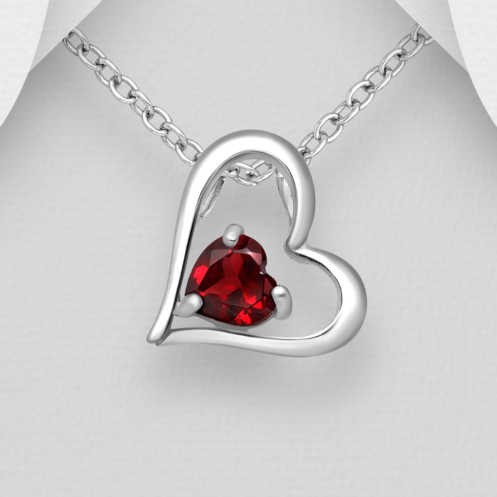 Sterling Silver Garnet Heart Open Slide Pendant Necklace