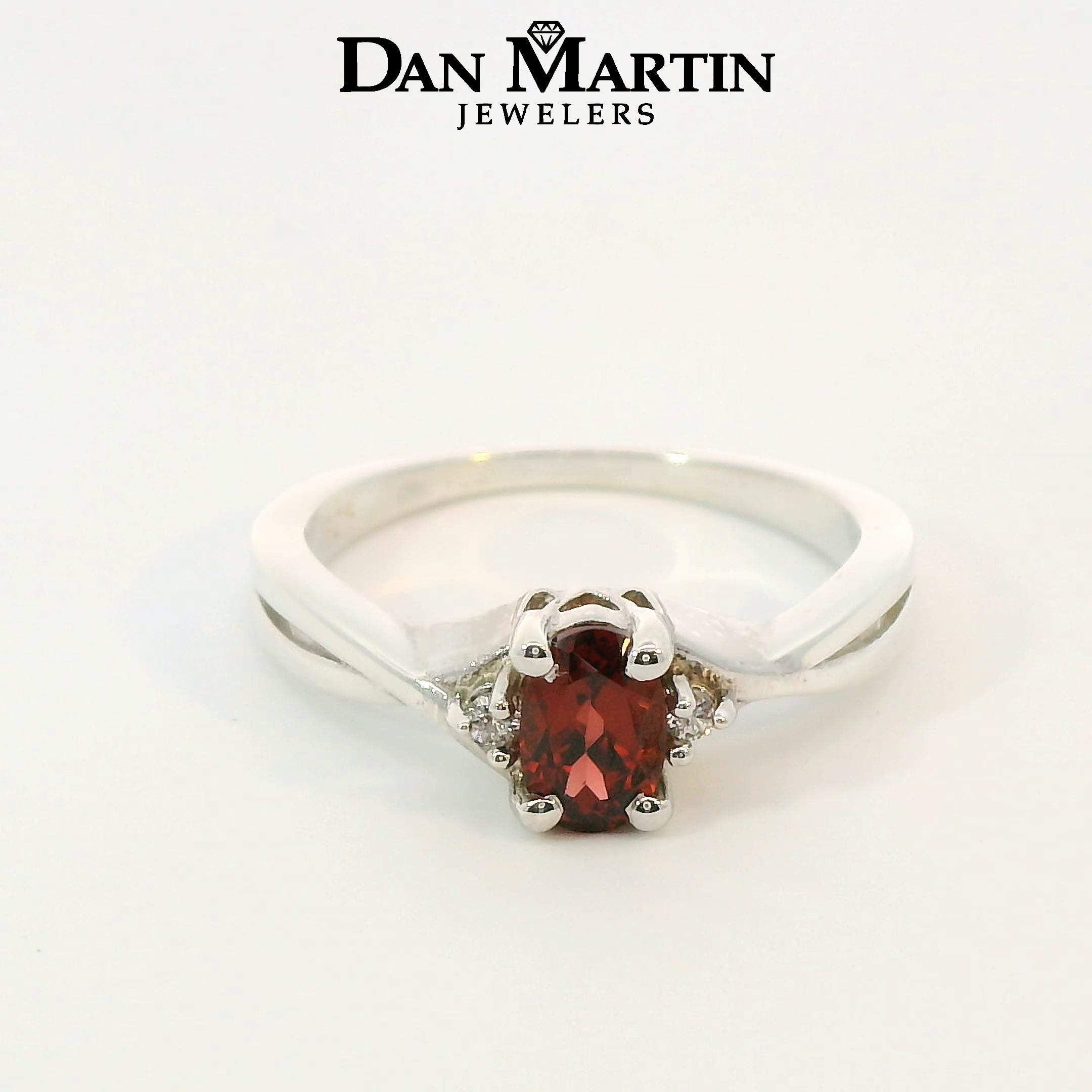 Sterling Silver Oval Garnet & Diamond Accented Ring