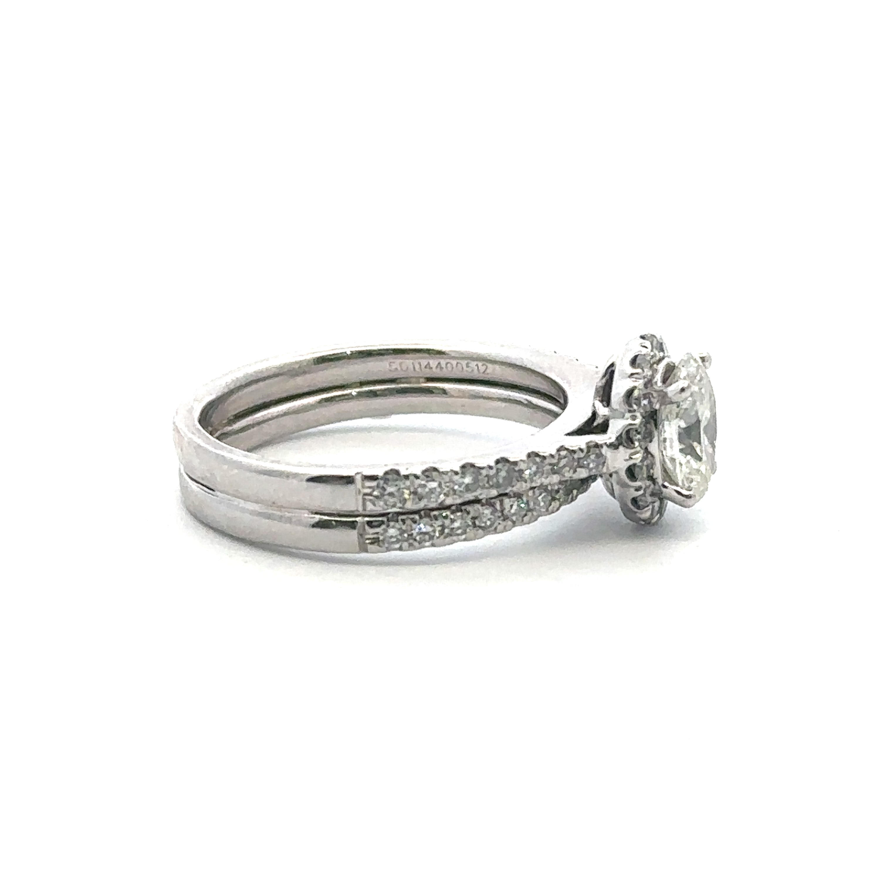 Estate Collection: Certified 14K White Gold 1.31CTW. Natural Oval Engagement Rig and Wedding Band Soldered Set