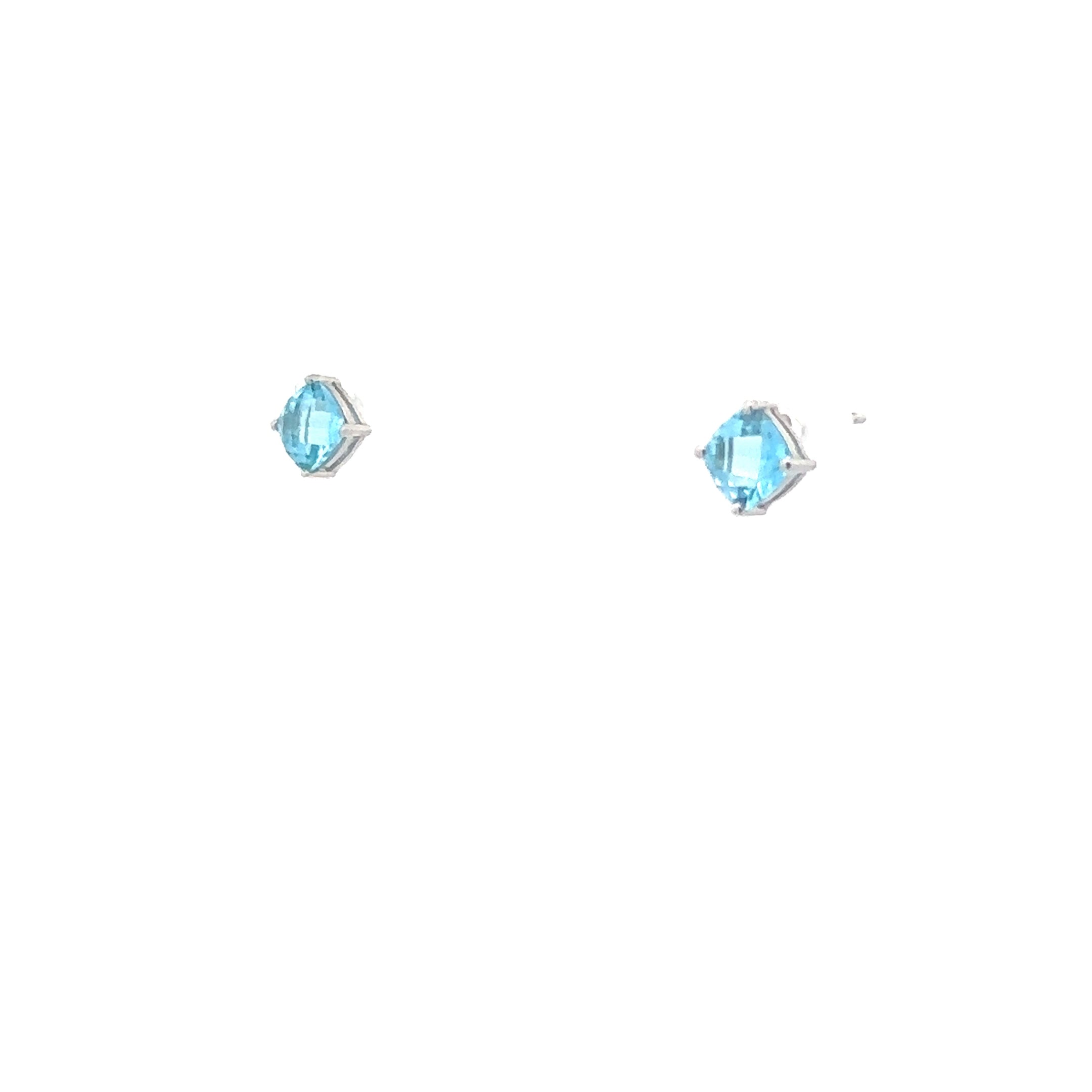 Estate Collection: 14K White Gold Checkerboard Cushion-Cut Swiss Blue Topaz Stud Earrings