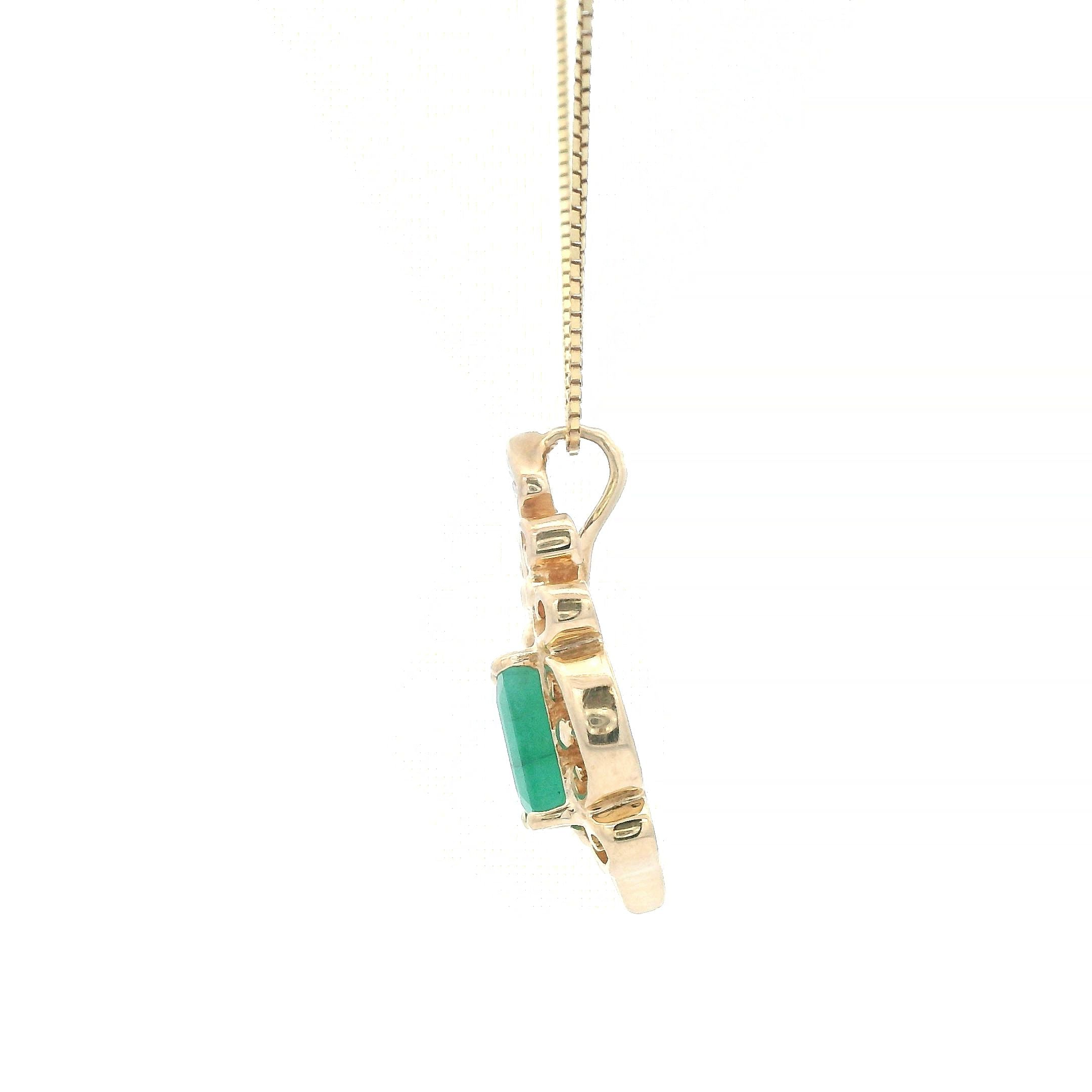 Estate Collection: 10K Yellow Gold Ornate Emerald-Cut Emerald and Diamond Pendant Necklace