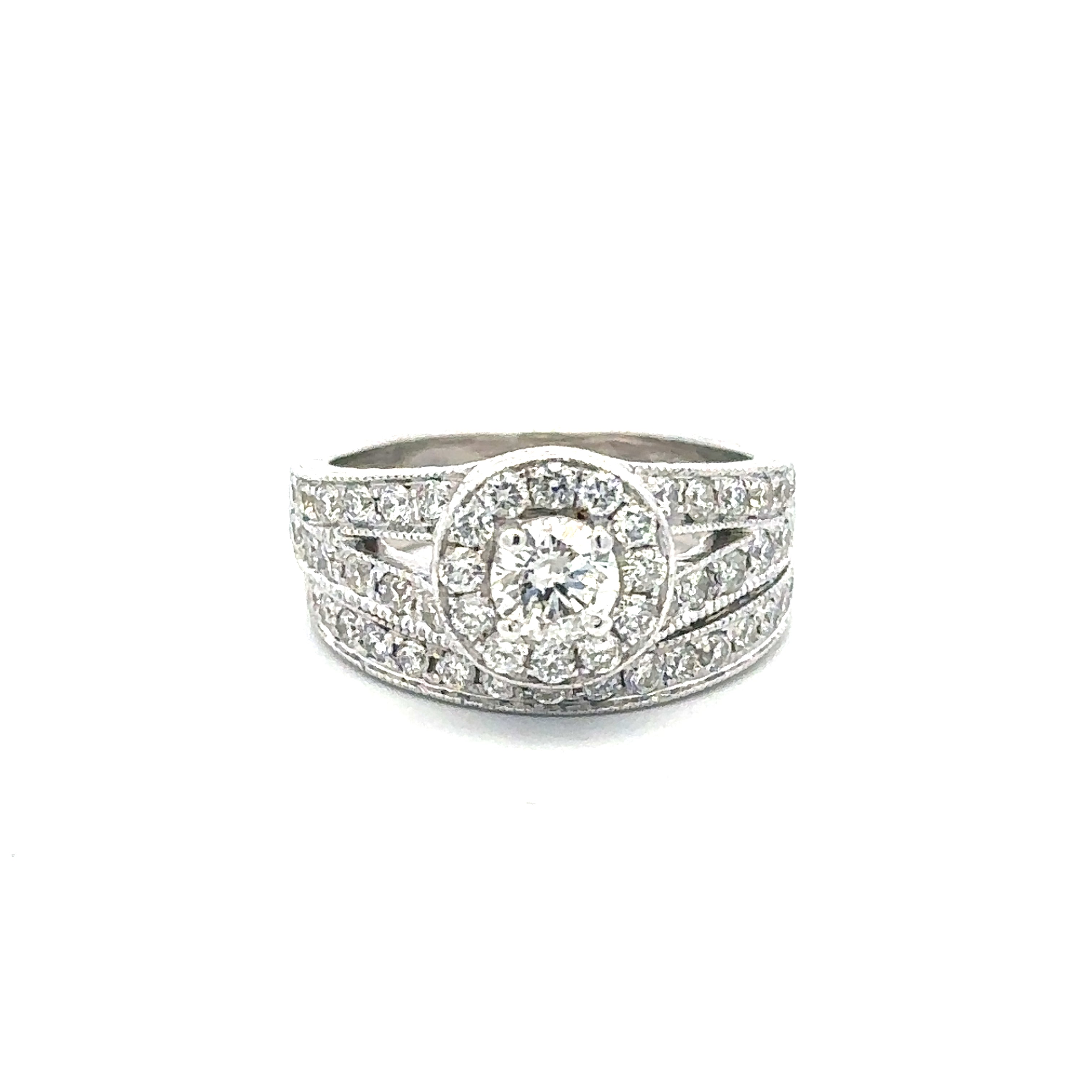 Estate Collection: 14K White Gold Vintage 0.4CT. Round Center Halo Diamond Engagement Ring With Matching Band