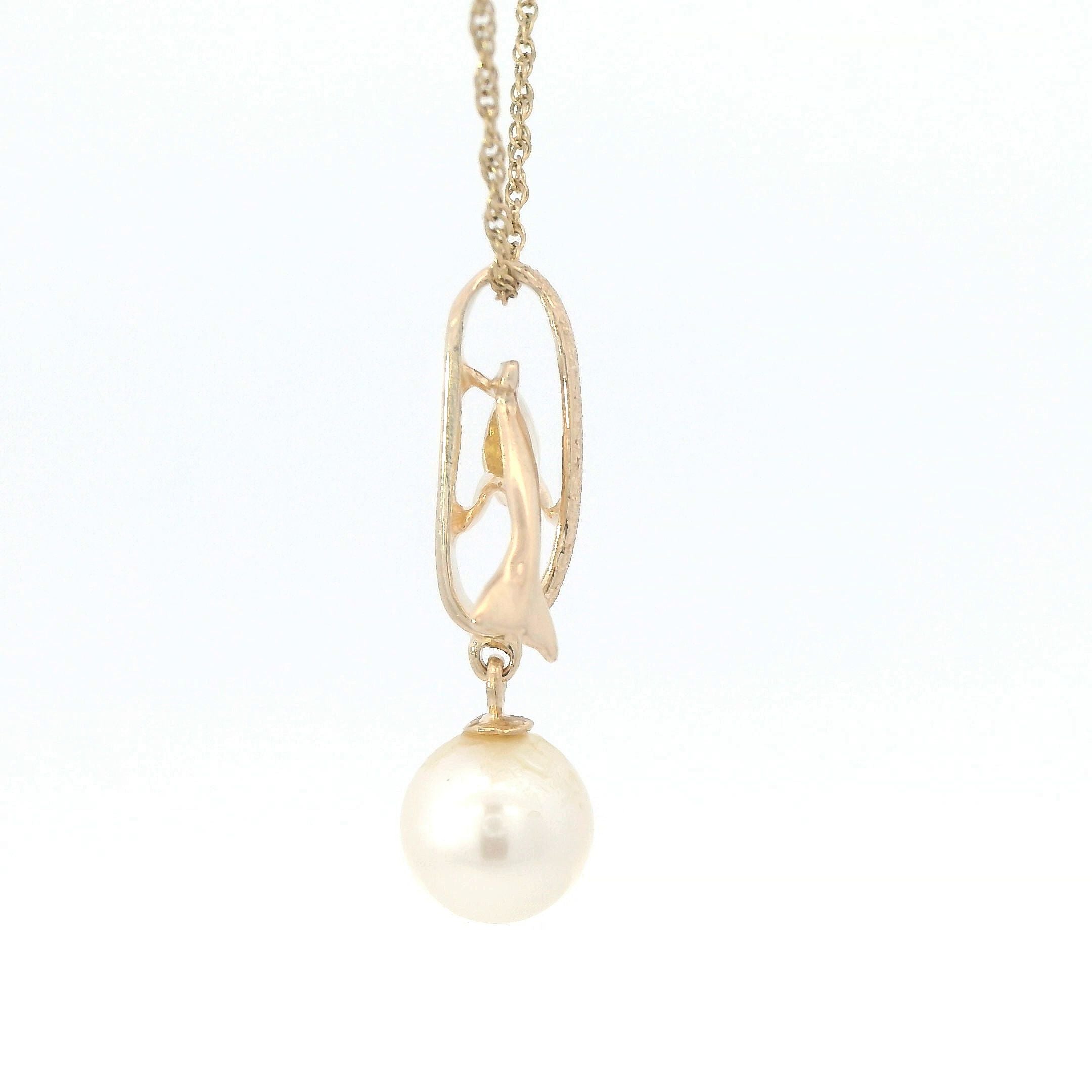 Estate Collection: 14K Yellow Gold Leaping Dolphin & Pearl Pendant Necklace