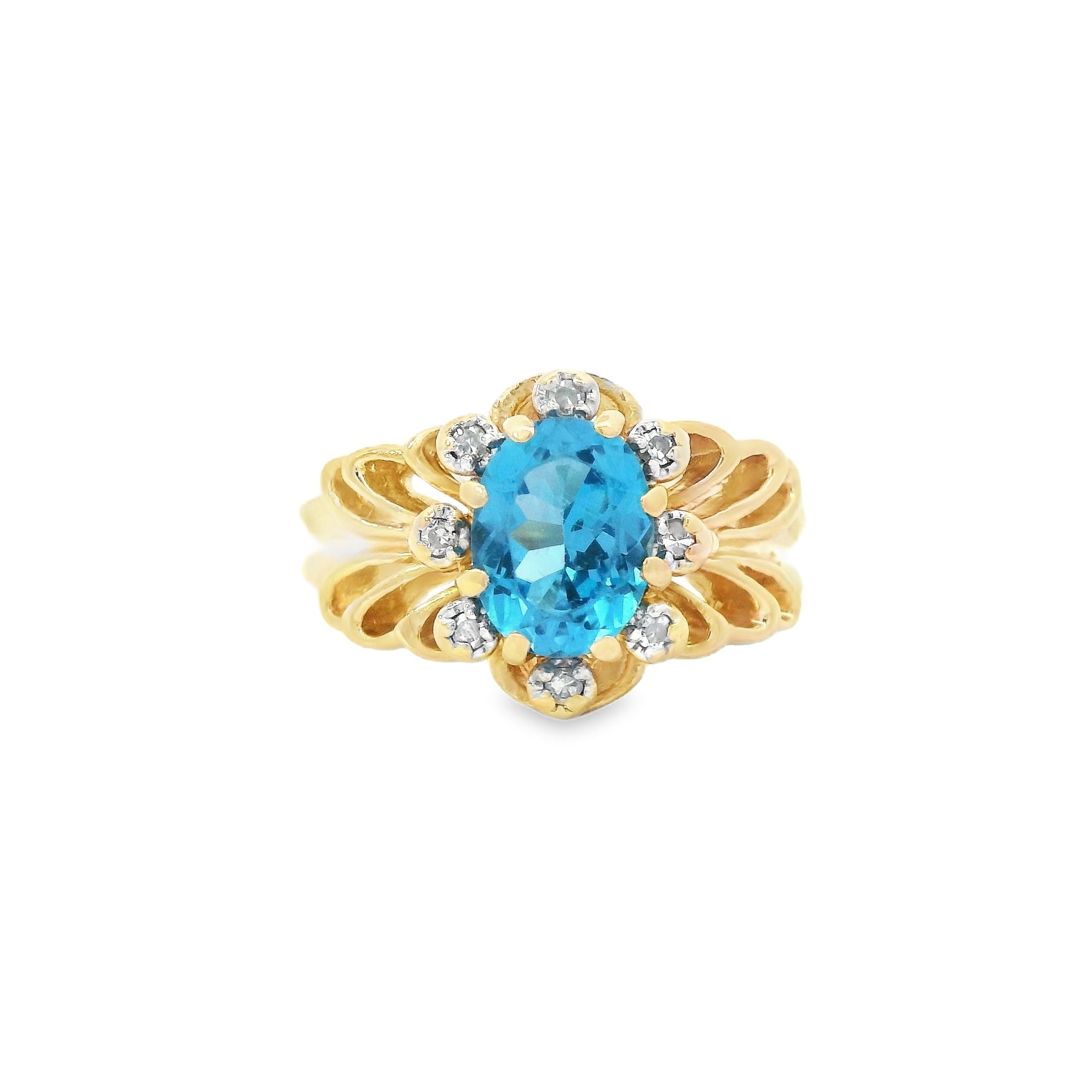Estate Collection: 10K Yellow Gold Ornate Oval Blue Topaz & Diamond Ring