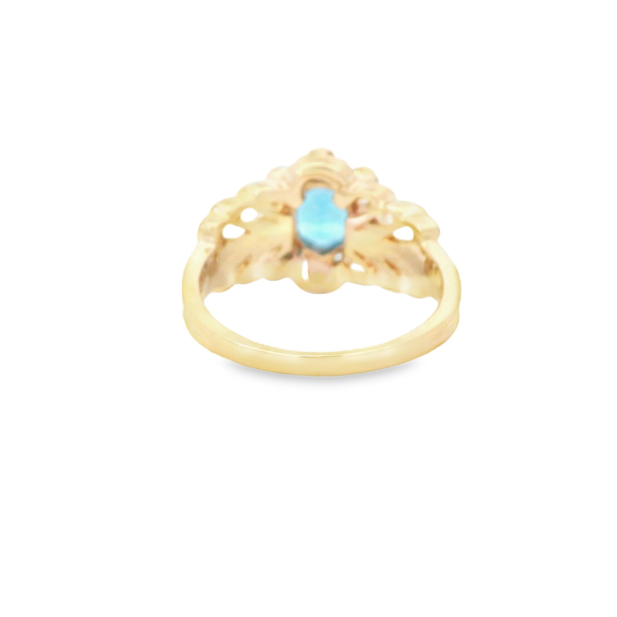 Estate Collection: 10K Yellow Gold Ornate Oval Blue Topaz & Diamond Ring