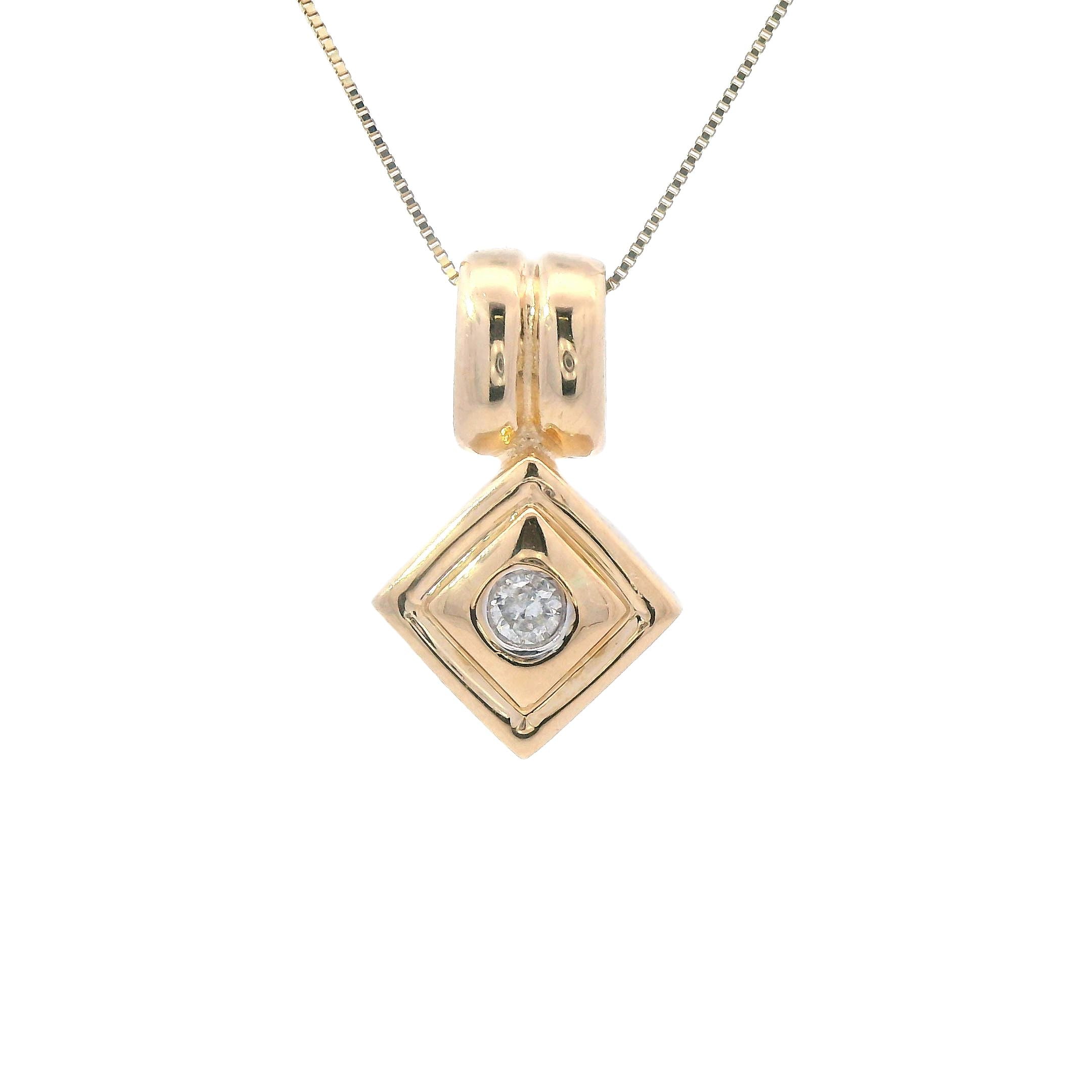 Estate Collection: 14K Yellow Gold Square with Round Diamond Accent Pendant with Chain