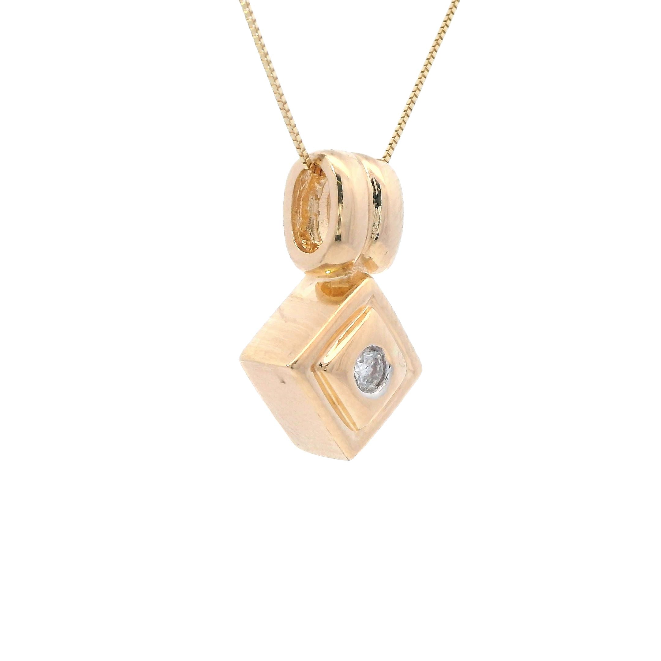 Estate Collection: 14K Yellow Gold Square with Round Diamond Accent Pendant with Chain