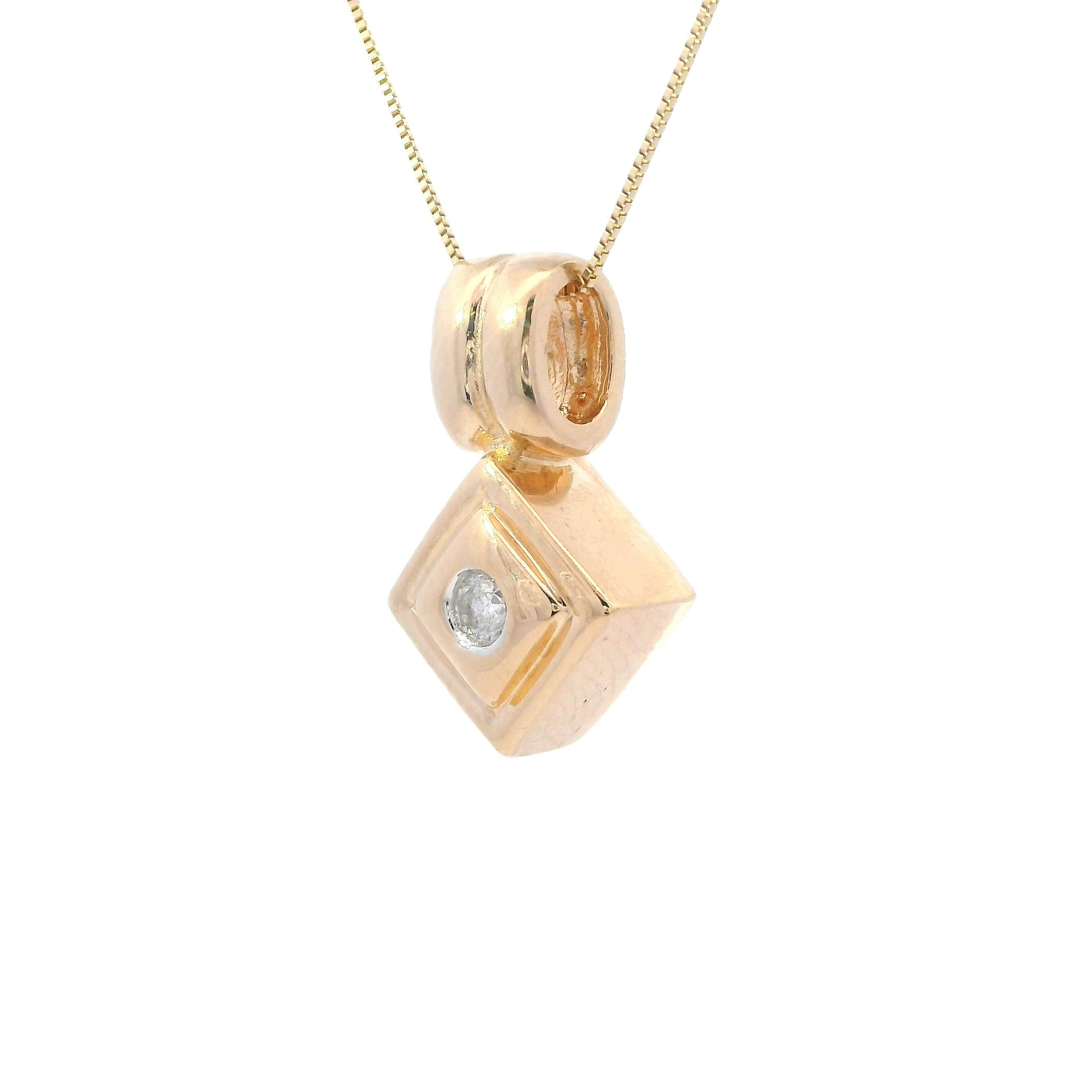 Estate Collection: 14K Yellow Gold Square with Round Diamond Accent Pendant with Chain