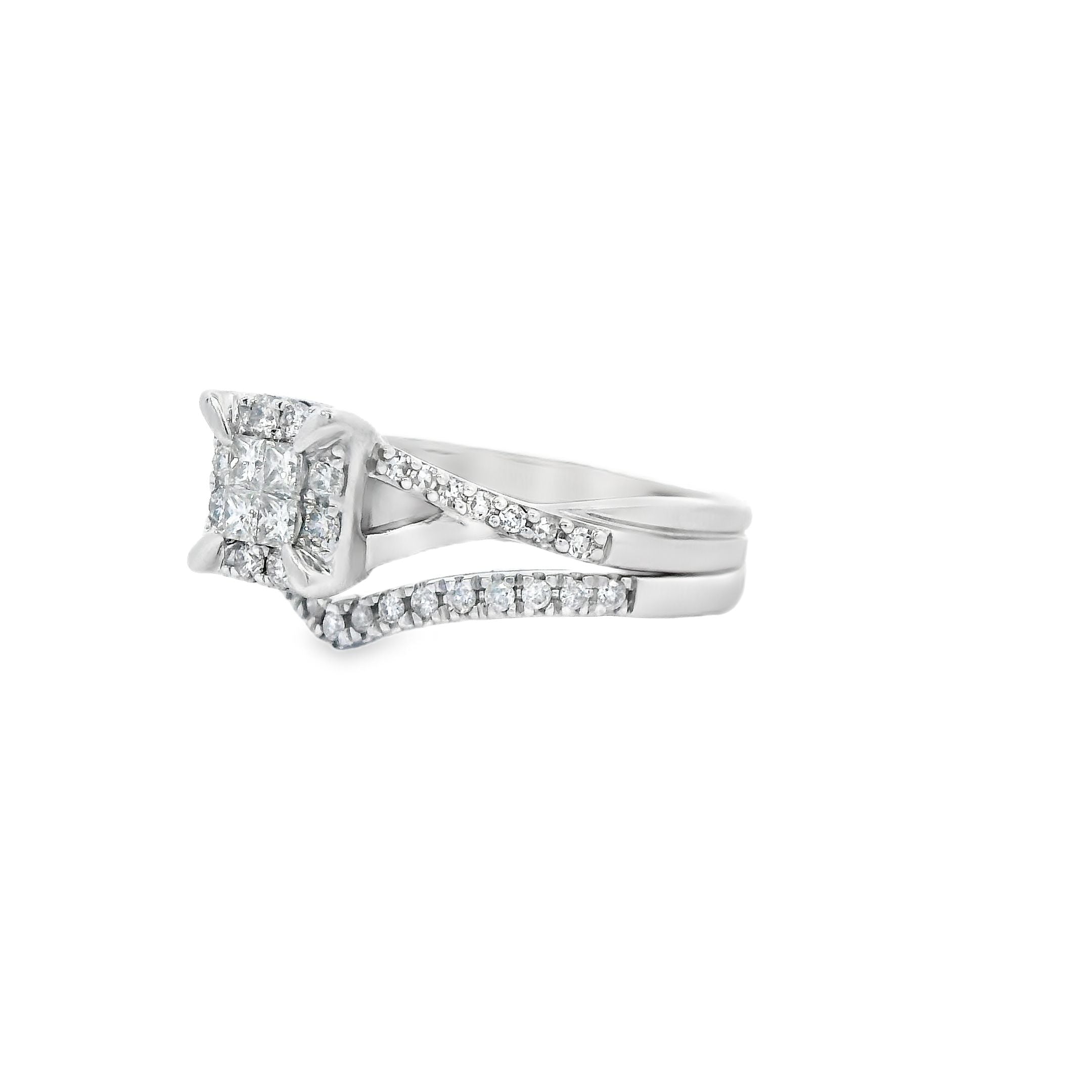 Estate Collection: 10K White Gold Cluster Diamond Engagement Ring and Band Set