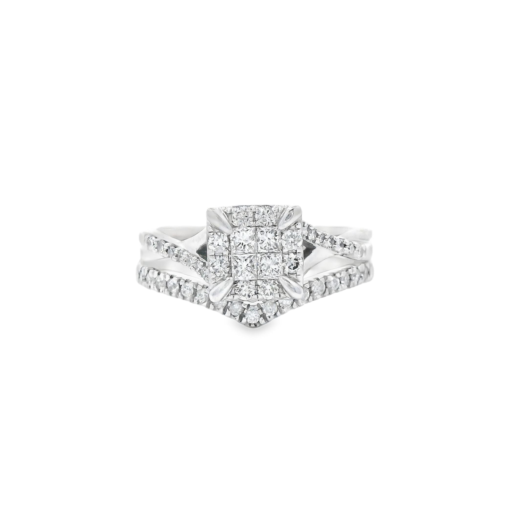 Estate Collection: 10K White Gold Cluster Diamond Engagement Ring and Band Set