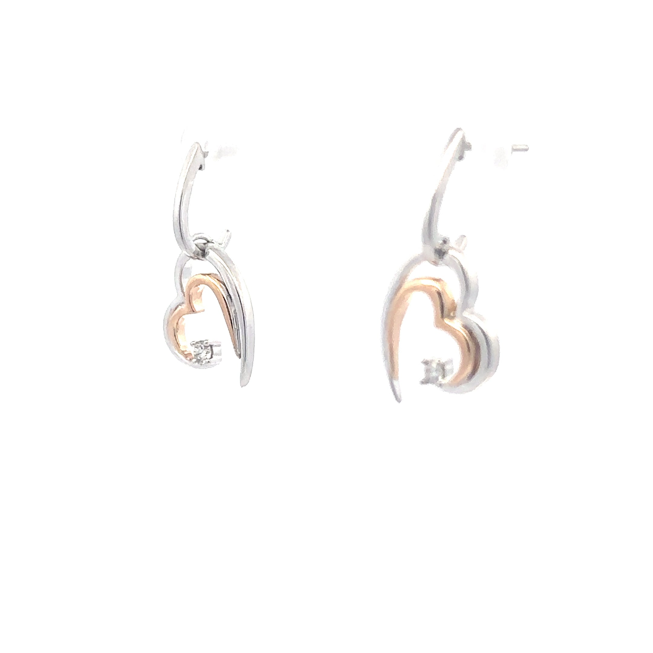Estate Collection: 14K White & Rose Gold Two-Toned Heart with Diamond Dangle Stud Earrings