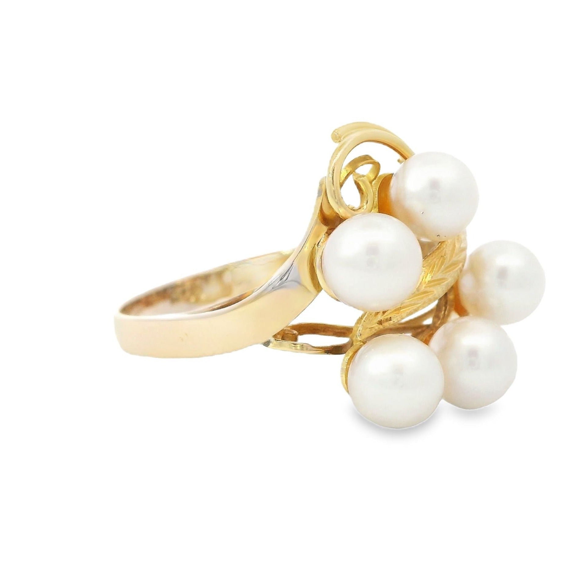 Estate Collection: 14K Yellow Gold Antique 5-Pearl Swirl Cluster Ring