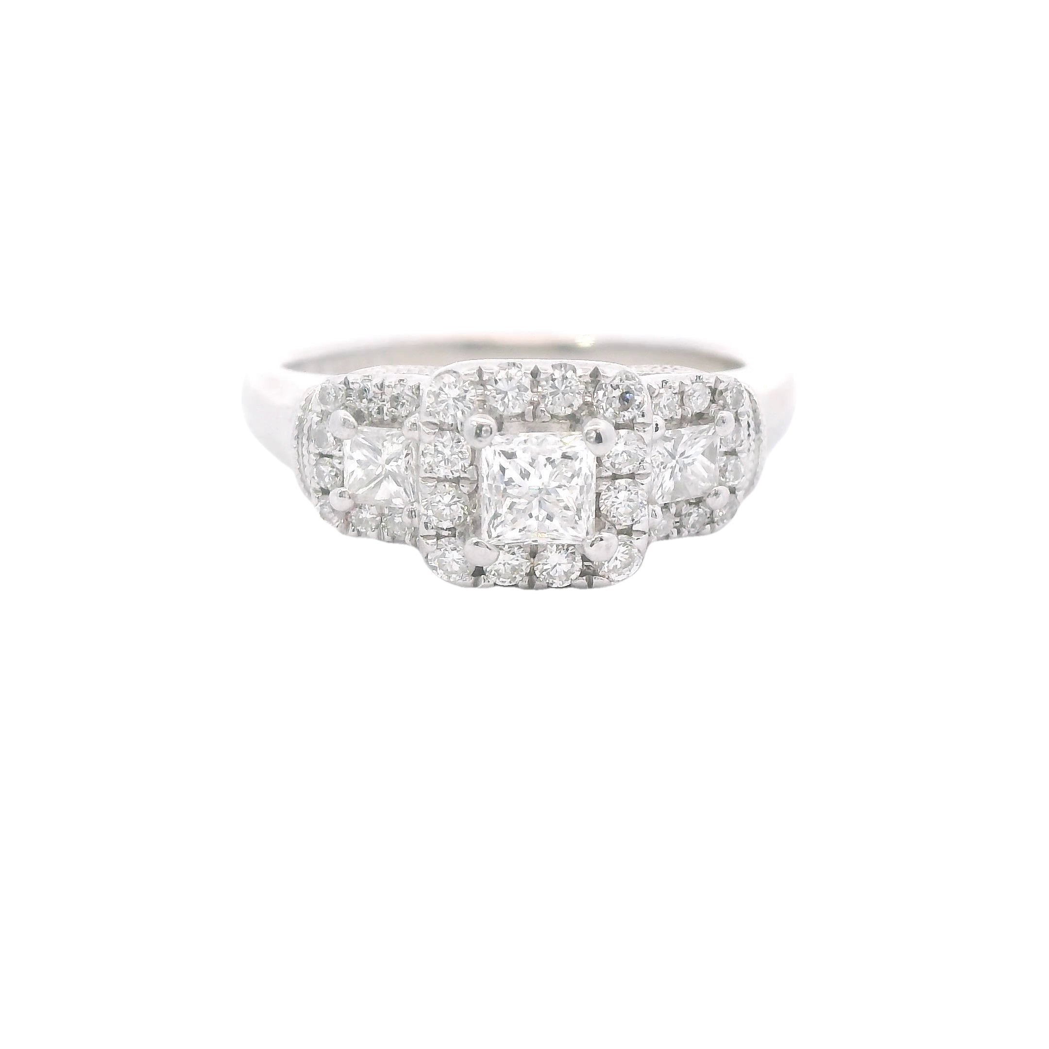 Estate Collection: 14K White Gold Vera Wang Princess-Cut Diamond 3-Stone Halo Engagement Ring