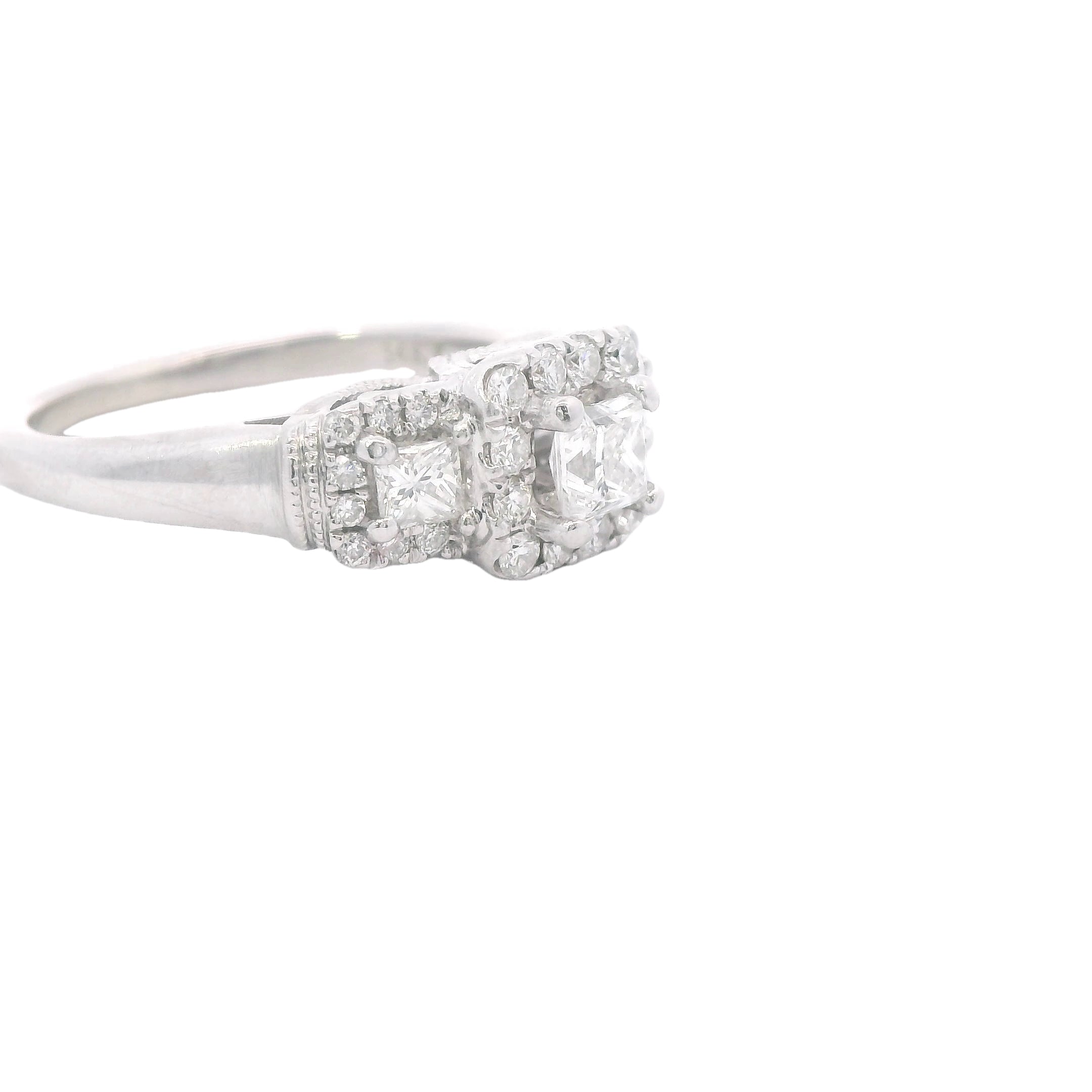 Estate Collection: 14K White Gold Vera Wang Princess-Cut Diamond 3-Stone Halo Engagement Ring