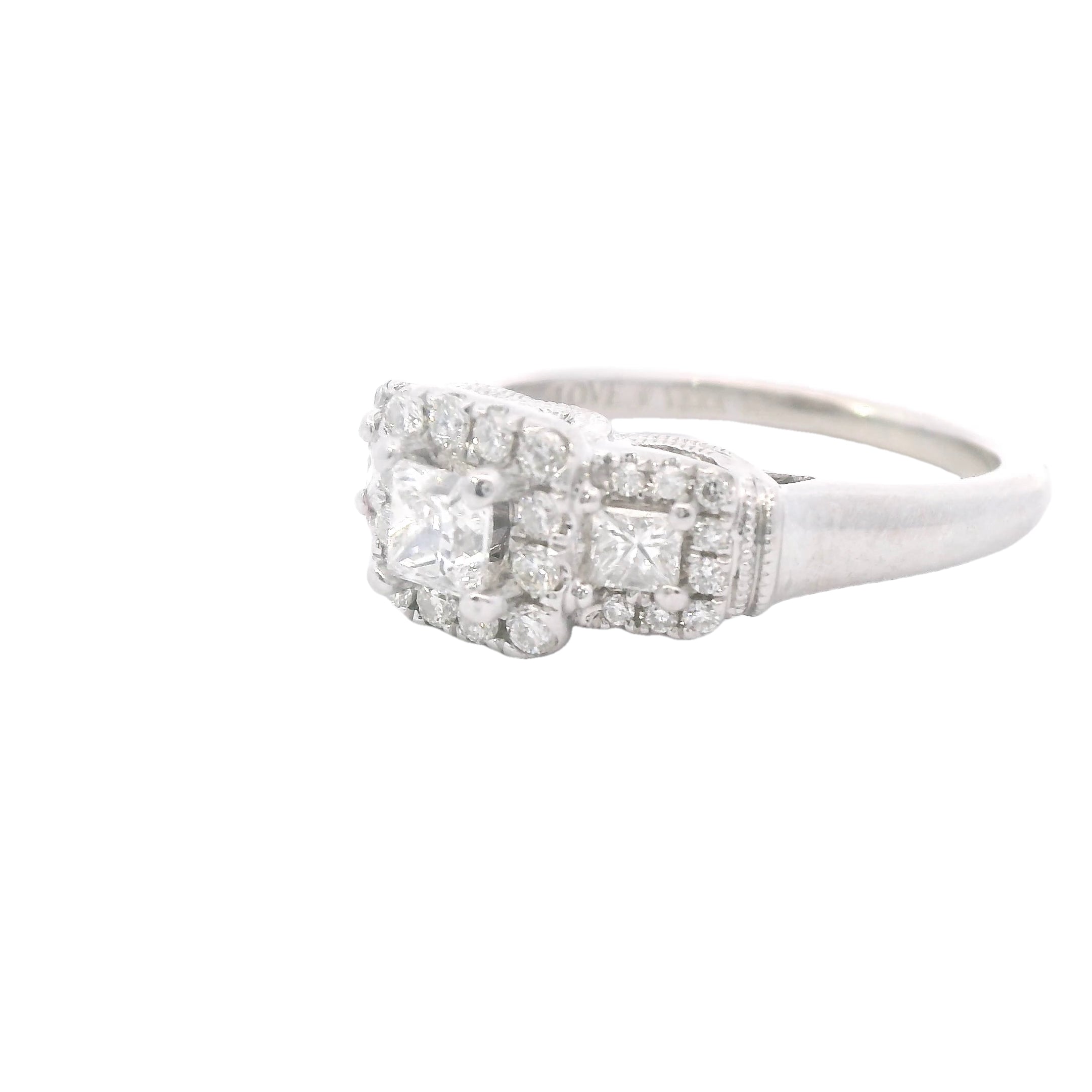 Estate Collection: 14K White Gold Vera Wang Princess-Cut Diamond 3-Stone Halo Engagement Ring