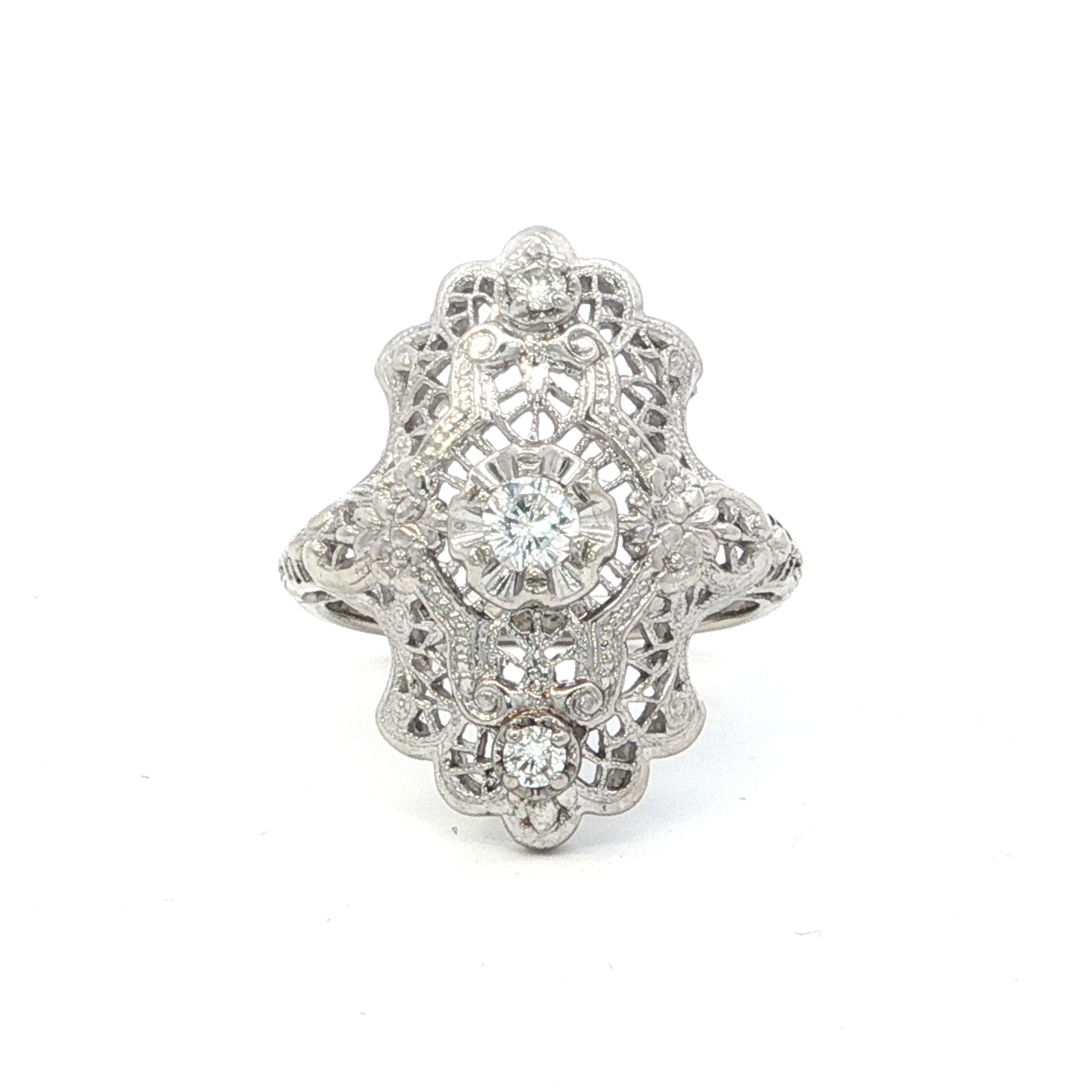 Estate Collection: 14K White Gold 0.22CTW. Round Diamond Filigree 3-Stone Ring