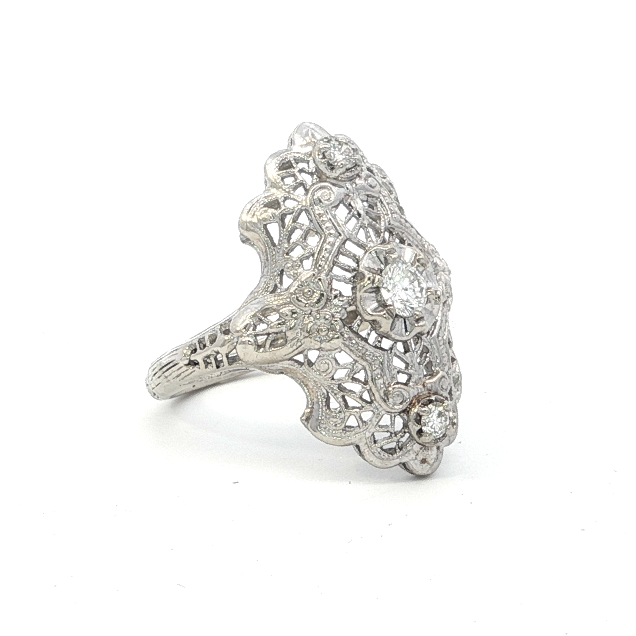 Estate Collection: 14K White Gold 0.22CTW. Round Diamond Filigree 3-Stone Ring