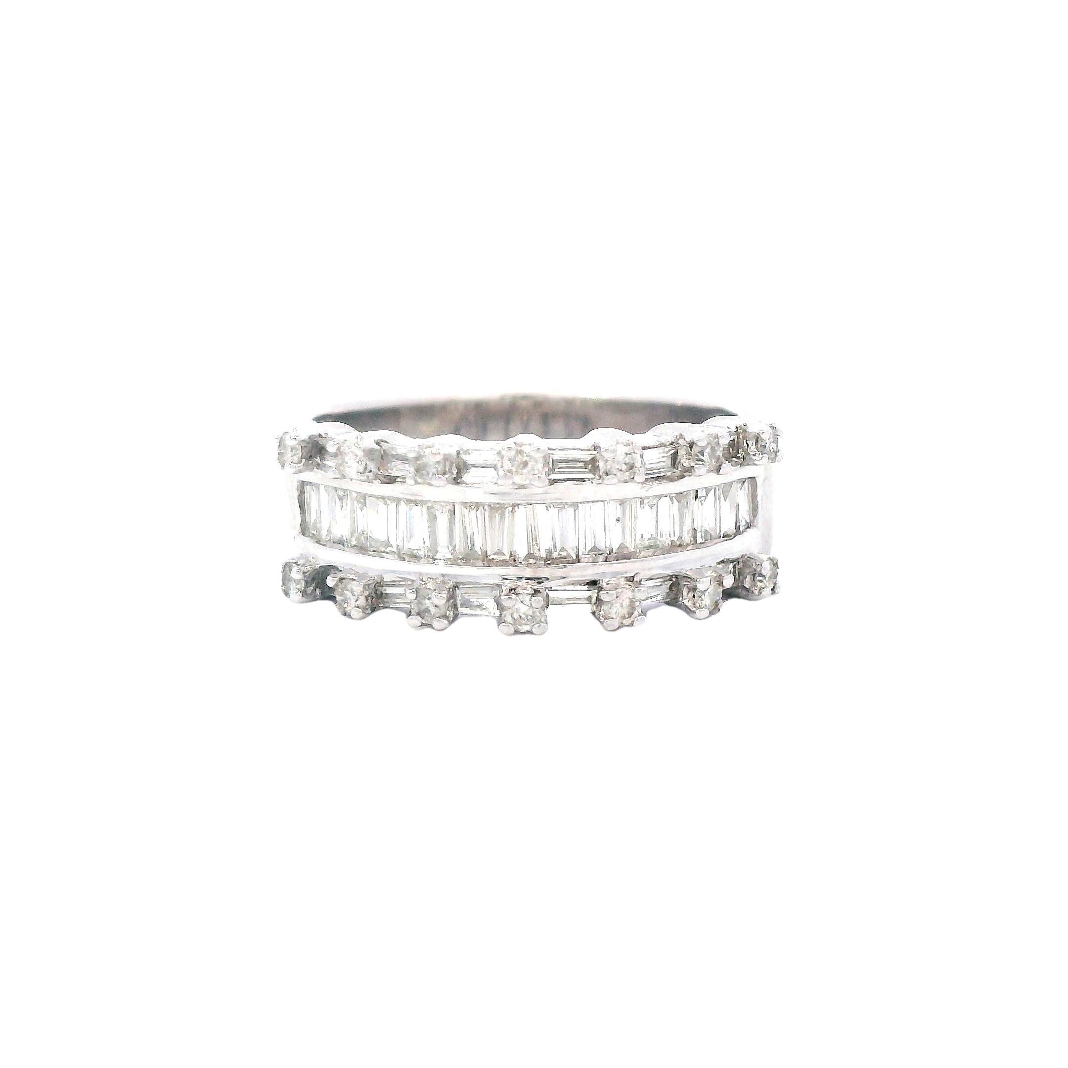 Estate Collection: 14K White Gold Baguette & Round Parapet Diamond Anniversary Band