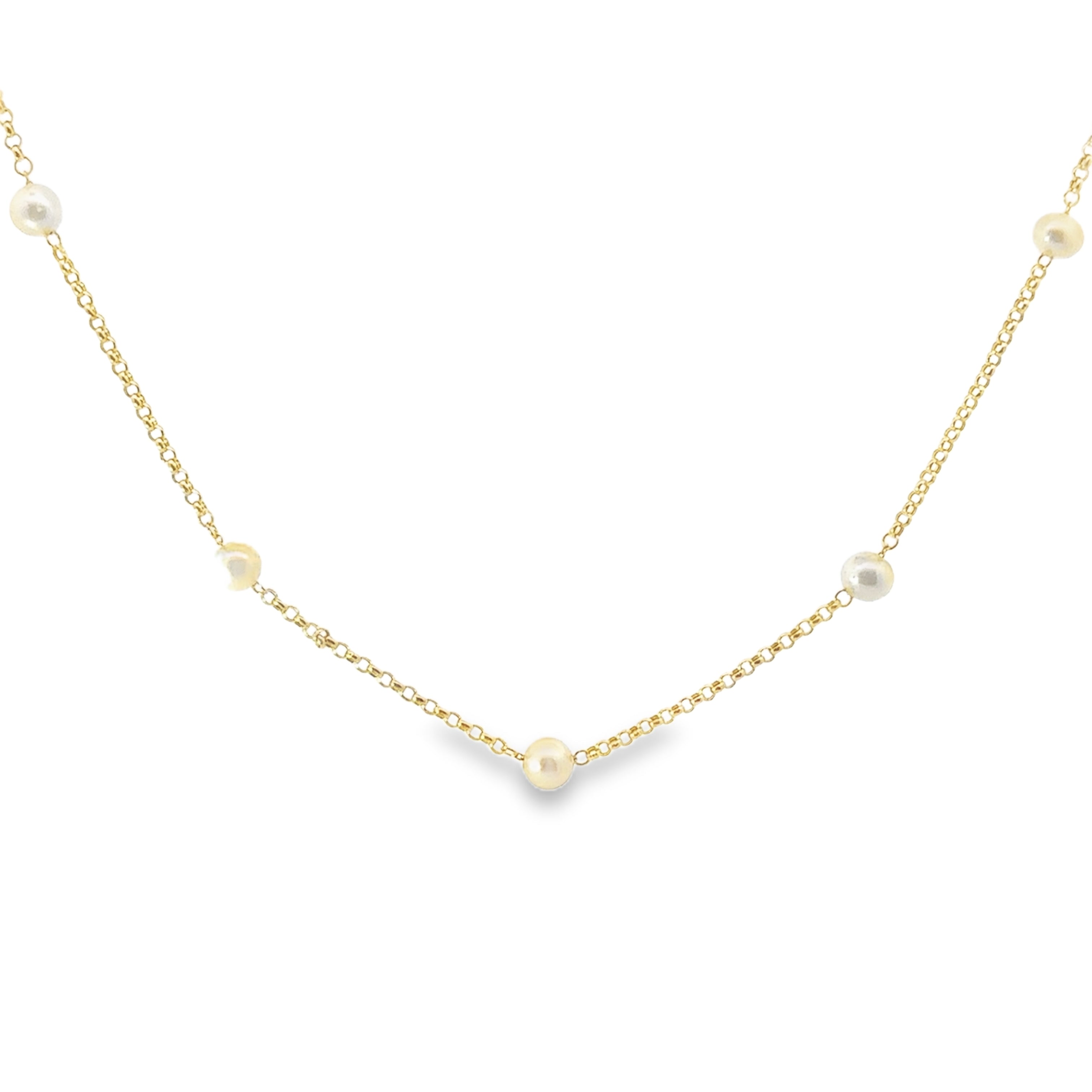 14K Yellow Gold Cable Link Cultured Freshwater Pearl Station Necklace