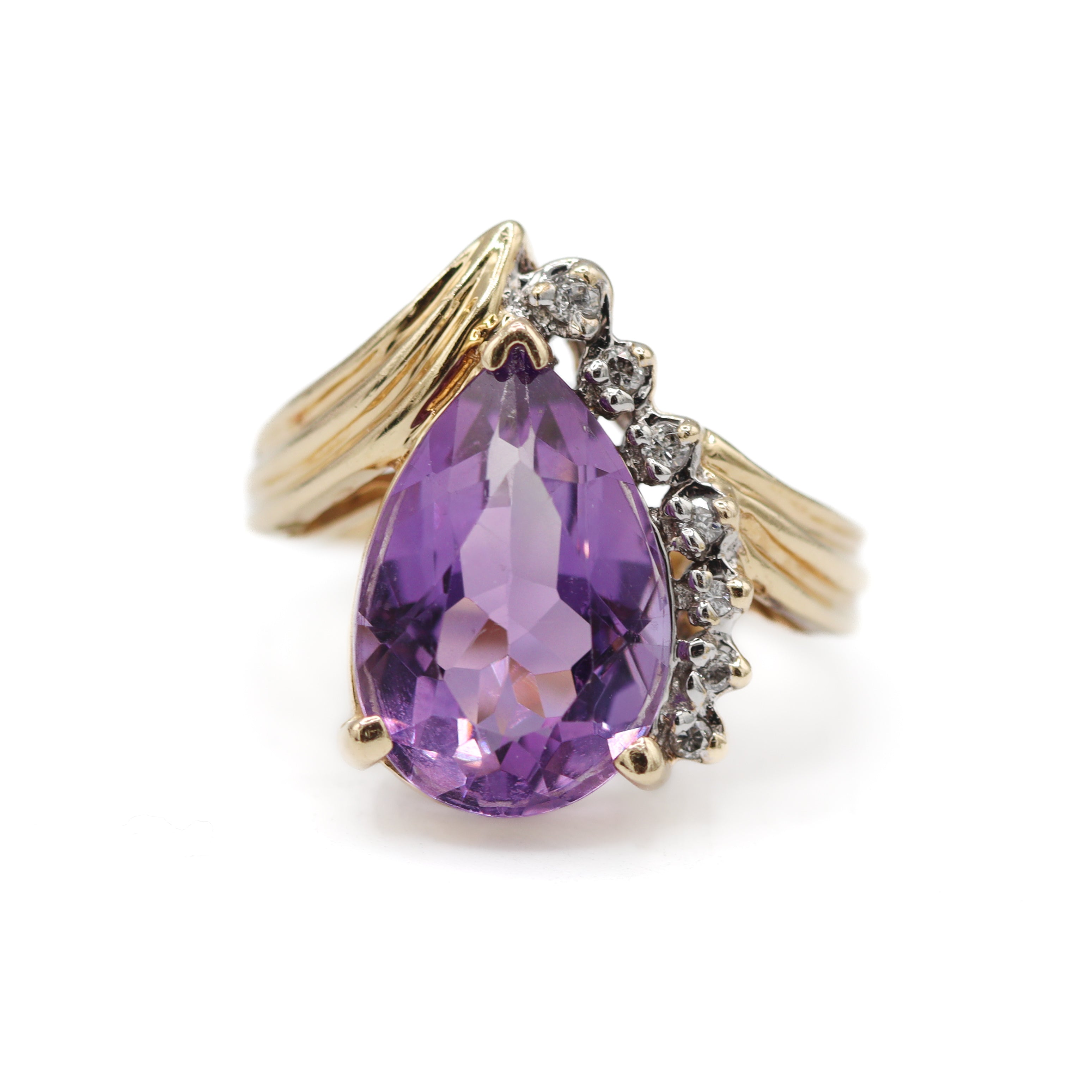 Front View Estate Collection: 14K Yellow Gold Pear-Shape Amethyst & Diamond Accented Freeform Ring