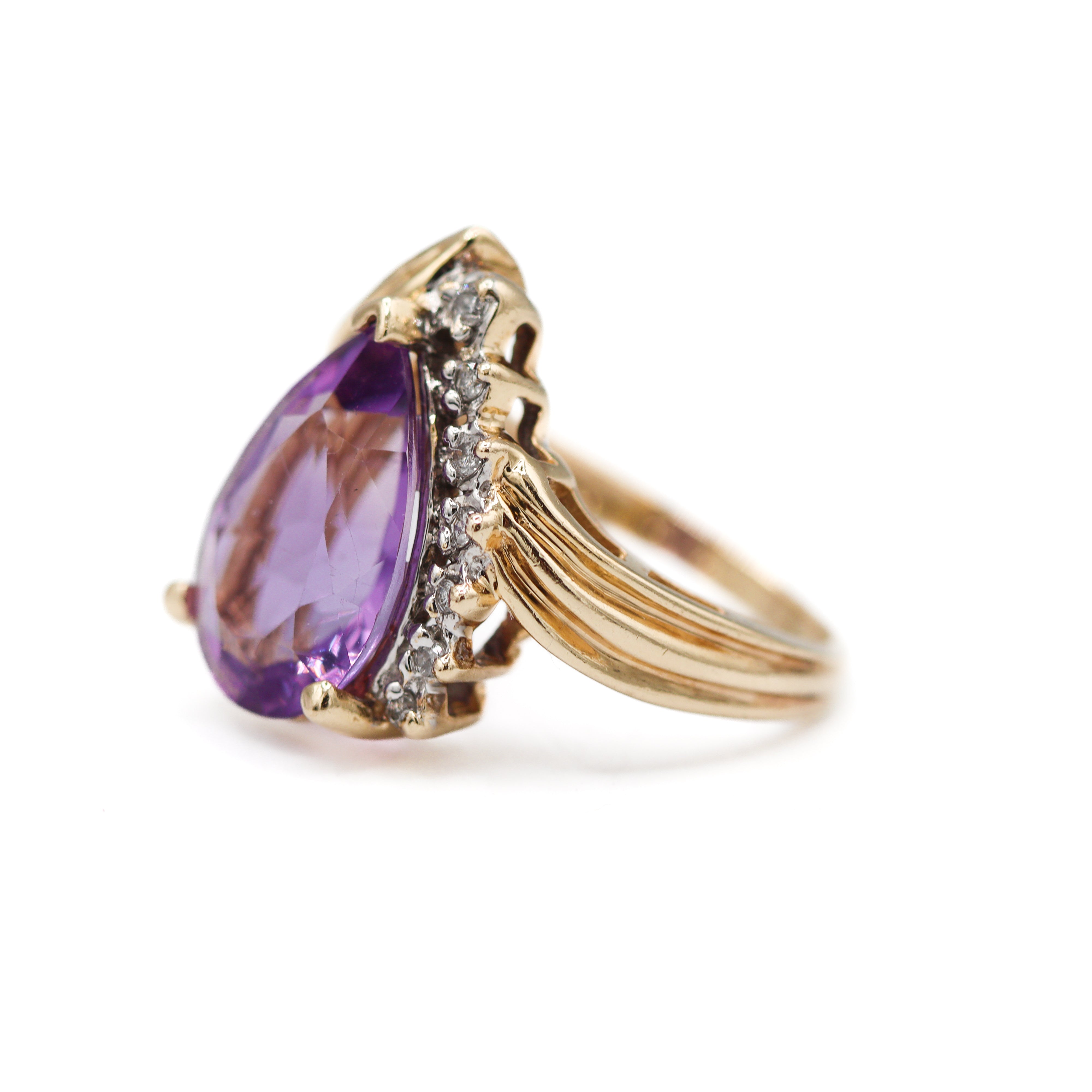 Estate Collection: 14K Yellow Gold Pear-Shape Amethyst & Diamond Accented Freeform Ring