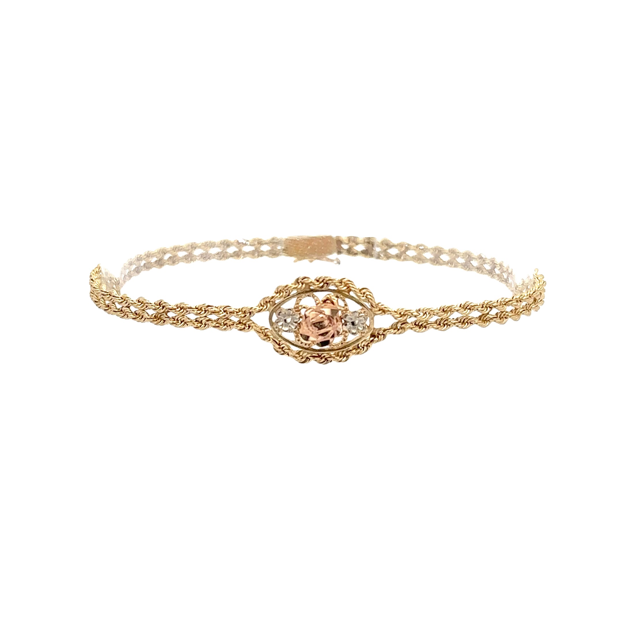 Estate Collection: 14K Yellow Gold Vintage Rose & White Gold Flower Rope Bracelet