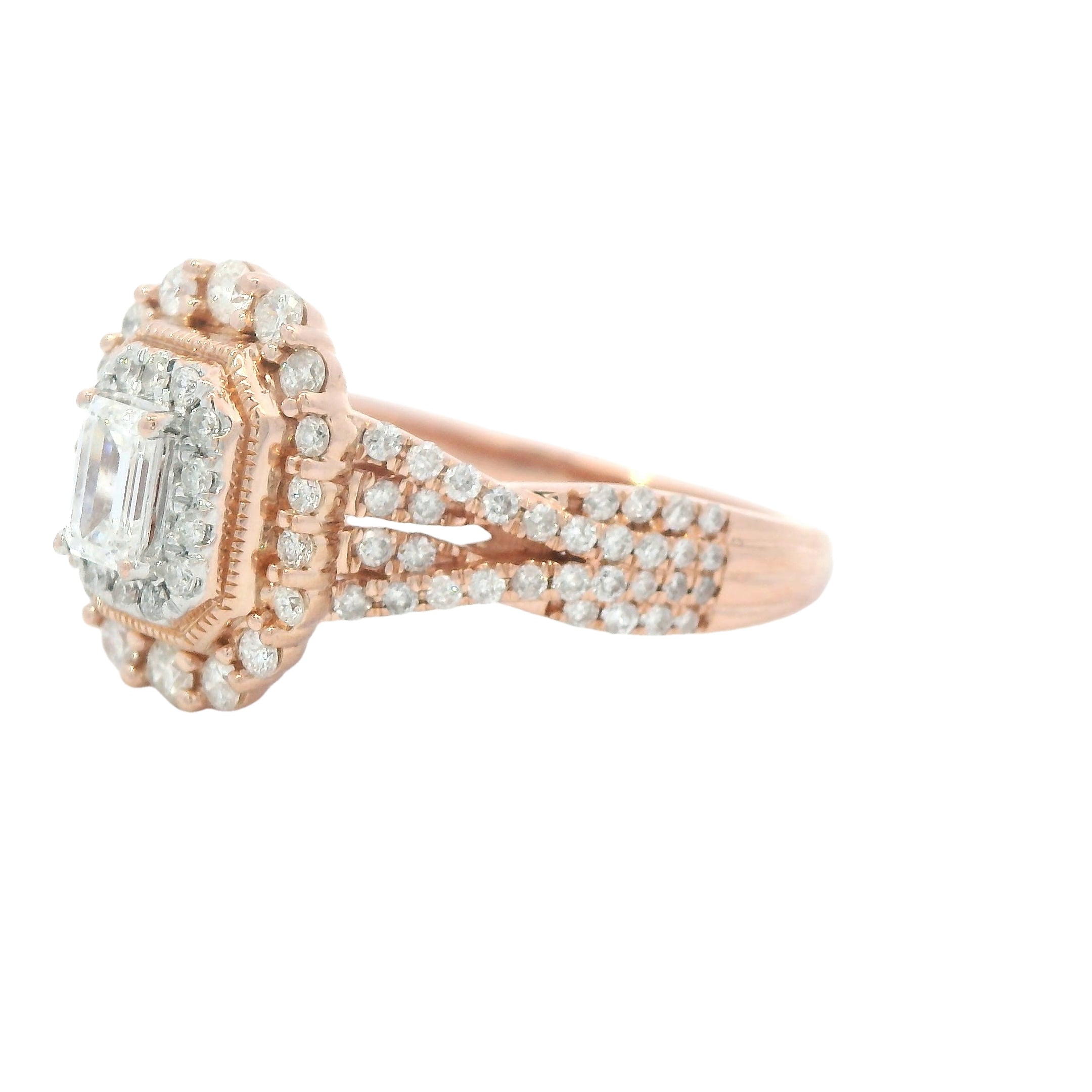 Estate Collection: 14K Rose Gold Emerald-Cut Diamond Stepped Double Halo Twisting Engagement RIng