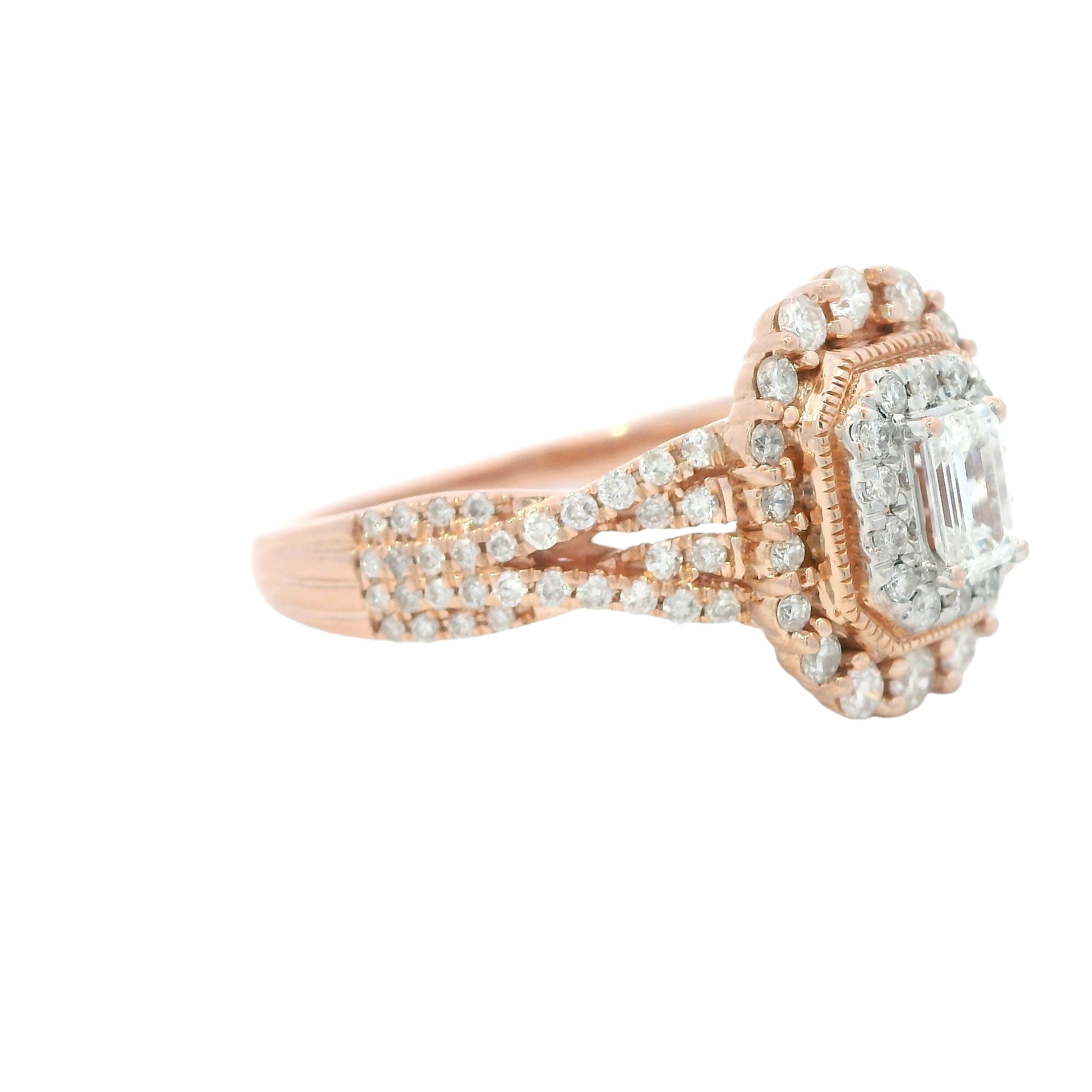 Estate Collection: 14K Rose Gold Emerald-Cut Diamond Stepped Double Halo Twisting Engagement RIng