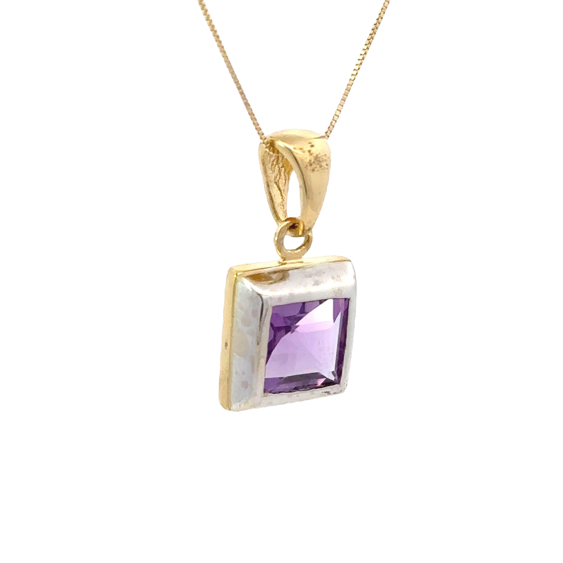 Estate Collection: 18K Yellow & White Gold Two-Toned Square Amethyst Pendant Necklace