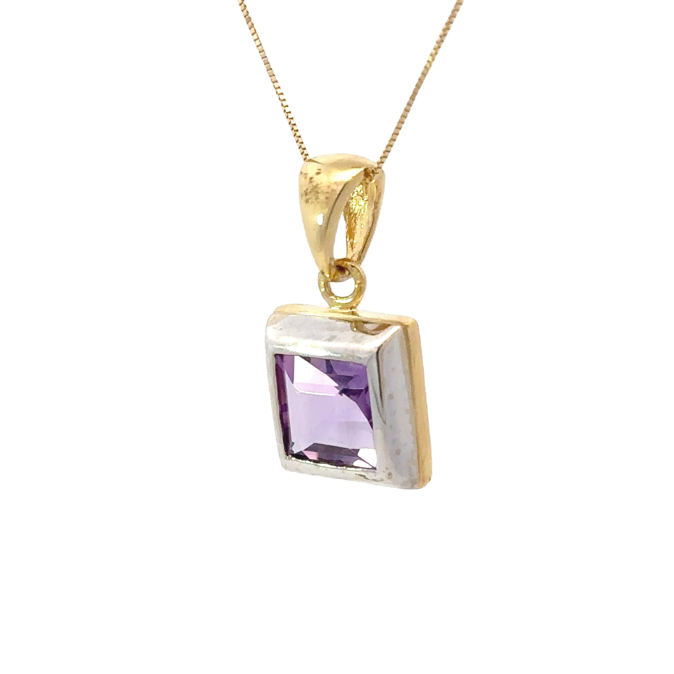 Estate Collection: 18K Yellow & White Gold Two-Toned Square Amethyst Pendant Necklace