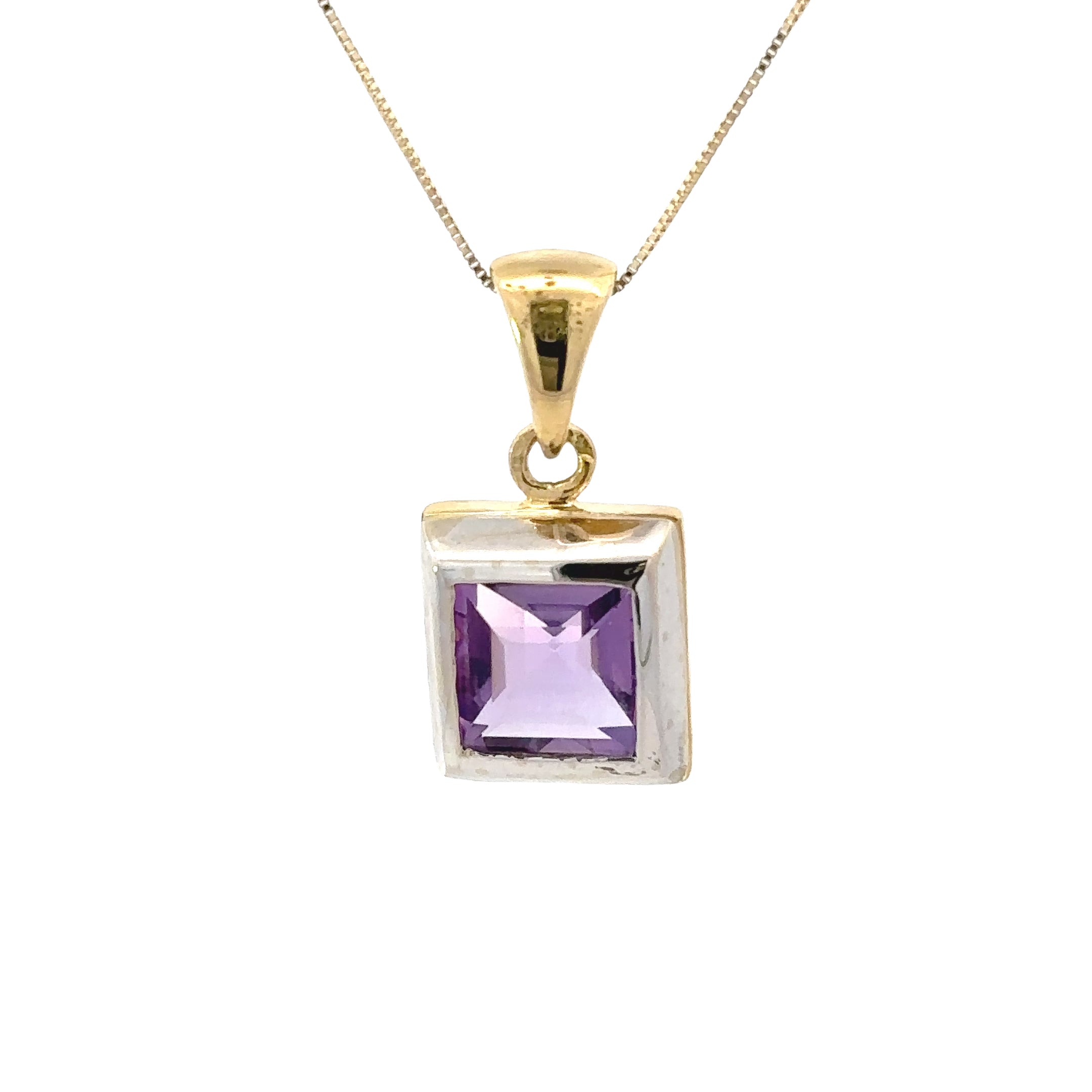 Estate Collection: 18K Yellow & White Gold Two-Toned Square Amethyst Pendant Necklace