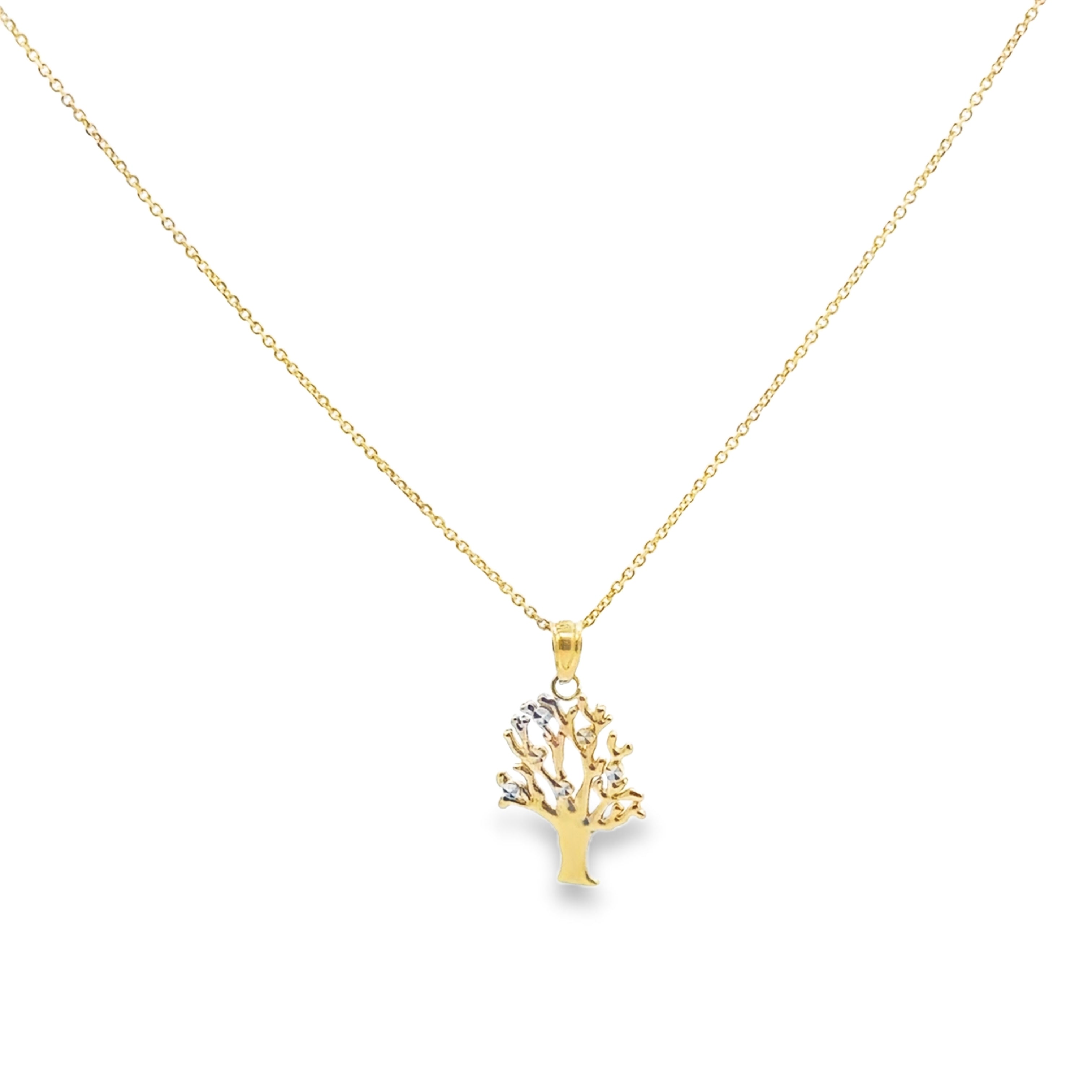 Gold necklace with a tree-shaped pendant on a white background