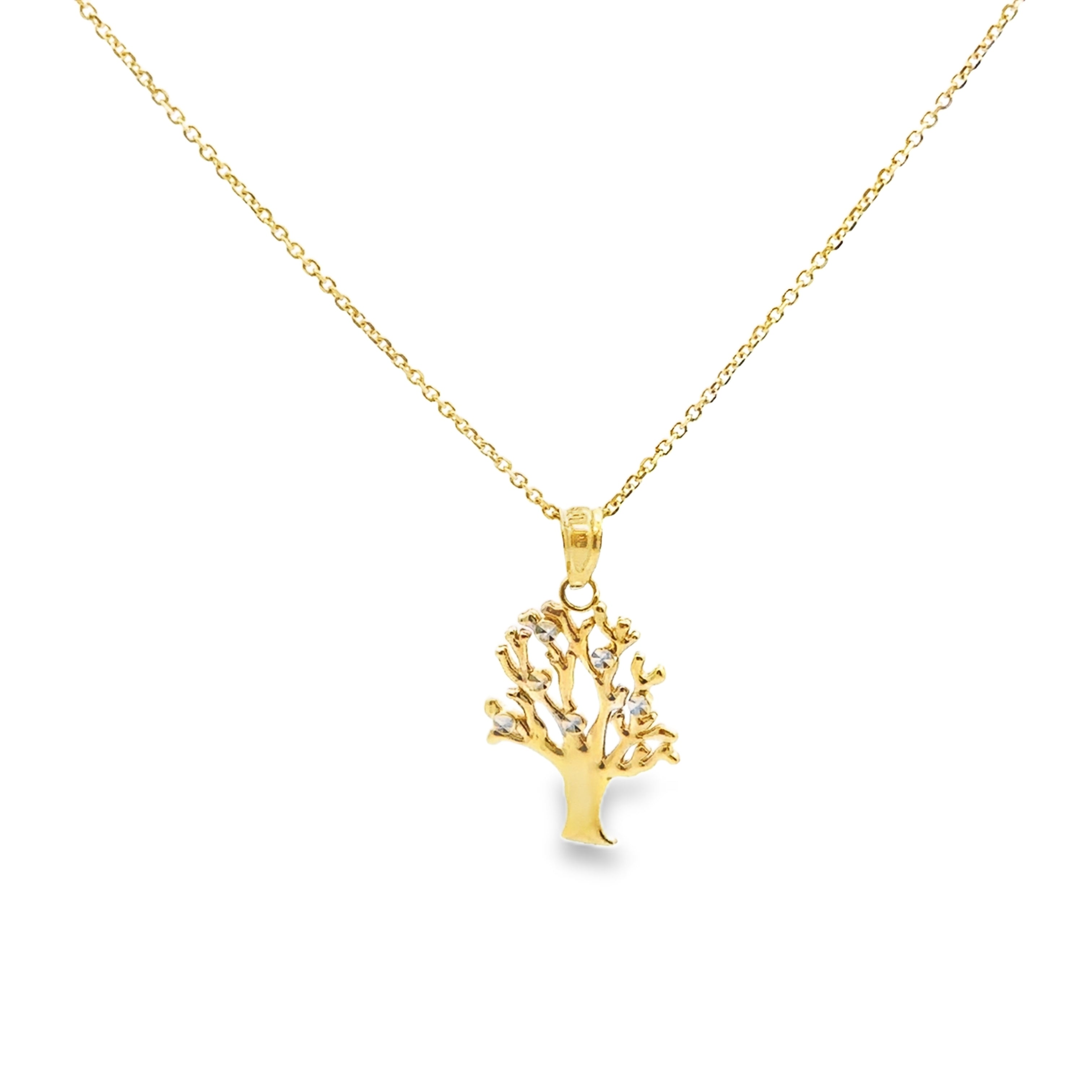Gold tree-shaped pendant on a gold chain against a white background