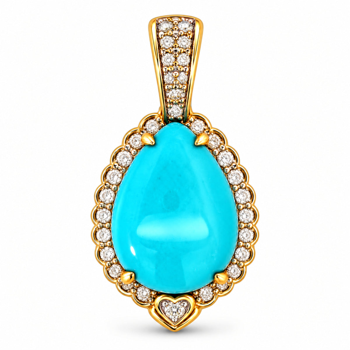Front view of estate Le Vian 14K Honey Gold pendant with pear-shaped Sleeping Beauty Turquoise, diamond halo, heart detail and diamond-set bail; chain not included.