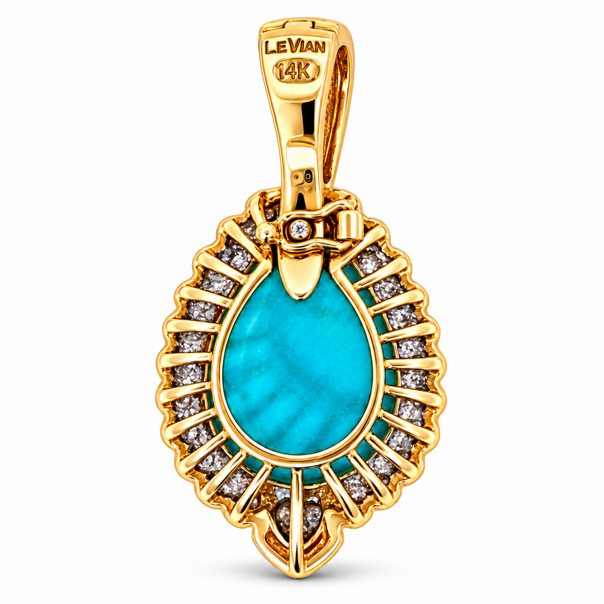 Back view of estate Le Vian turquoise pendant showing the 14K Honey Gold openwork setting, hinged bail and Le Vian 14K hallmark.