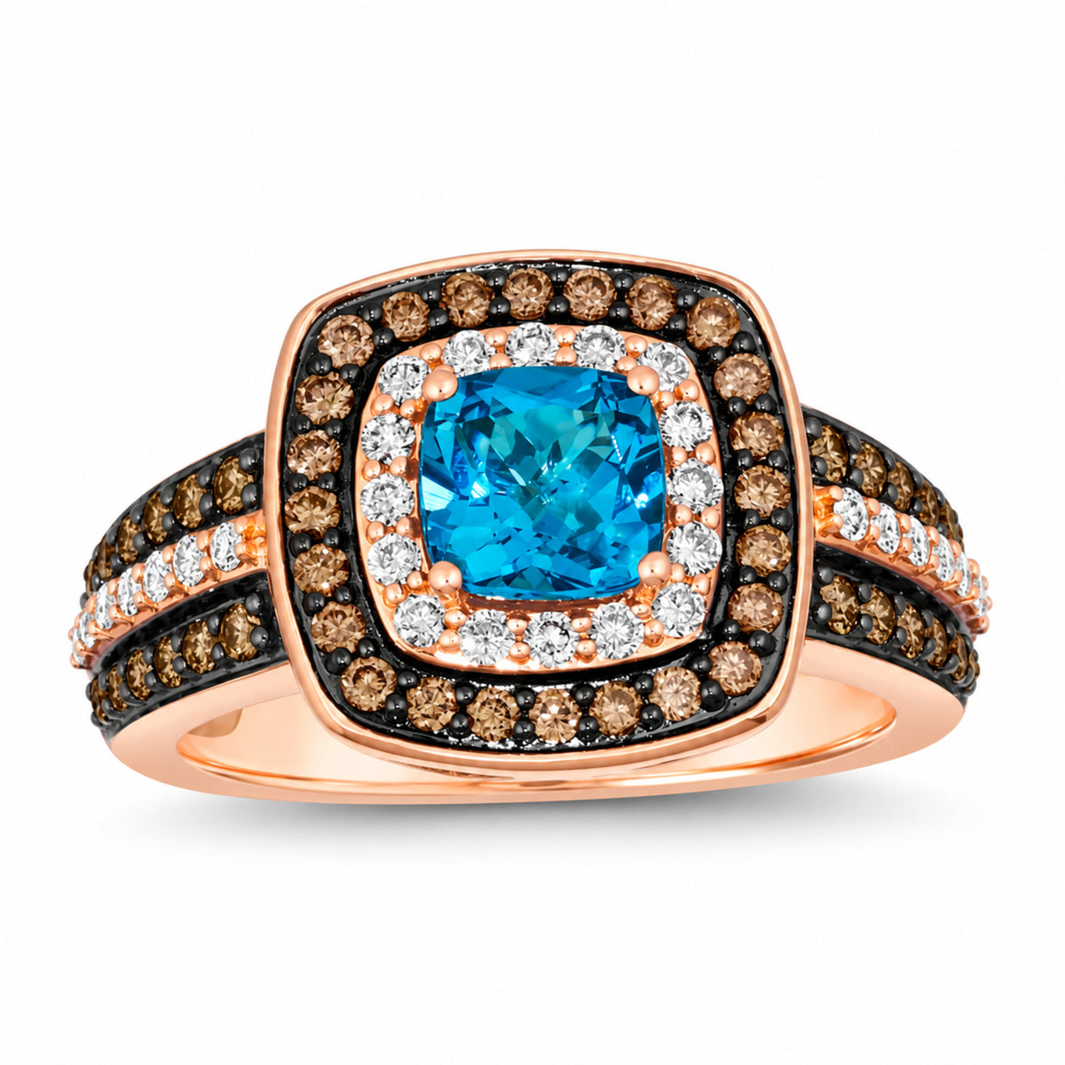 Le Vian 14K Strawberry Gold ring with cushion-cut London Blue Topaz, double diamond halo, black rhodium accents and three-row band, shown on a white background.