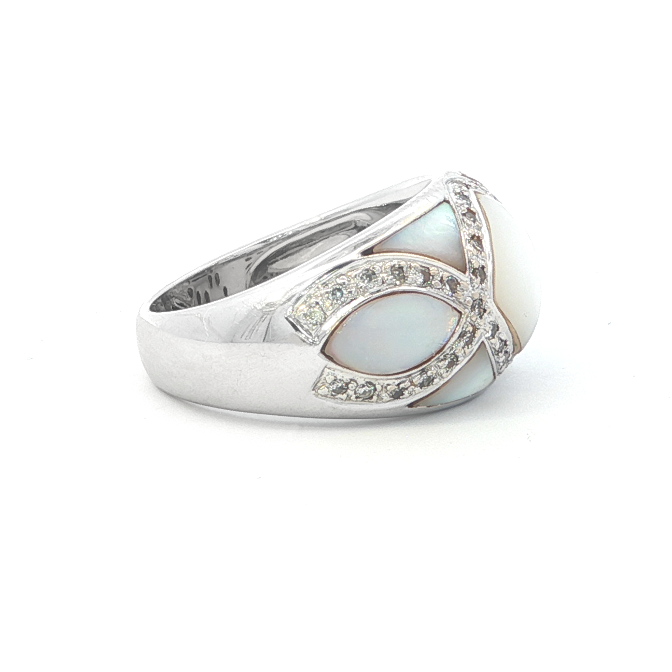 Estate Collection: 18K White Gold Domed Mother of Pearl & Diamond Accented Fashion Ring