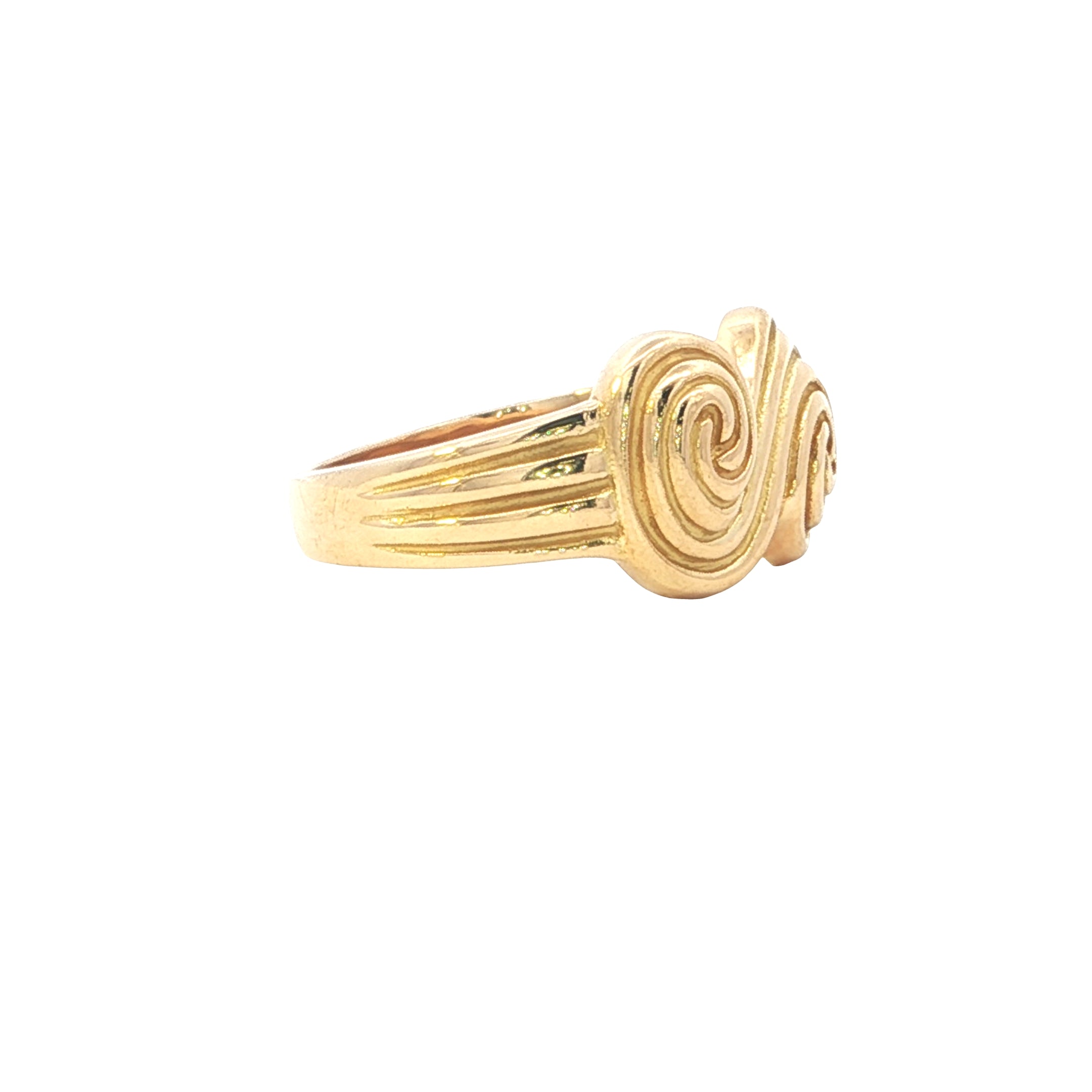 Gold ring with a spiral design on a white background