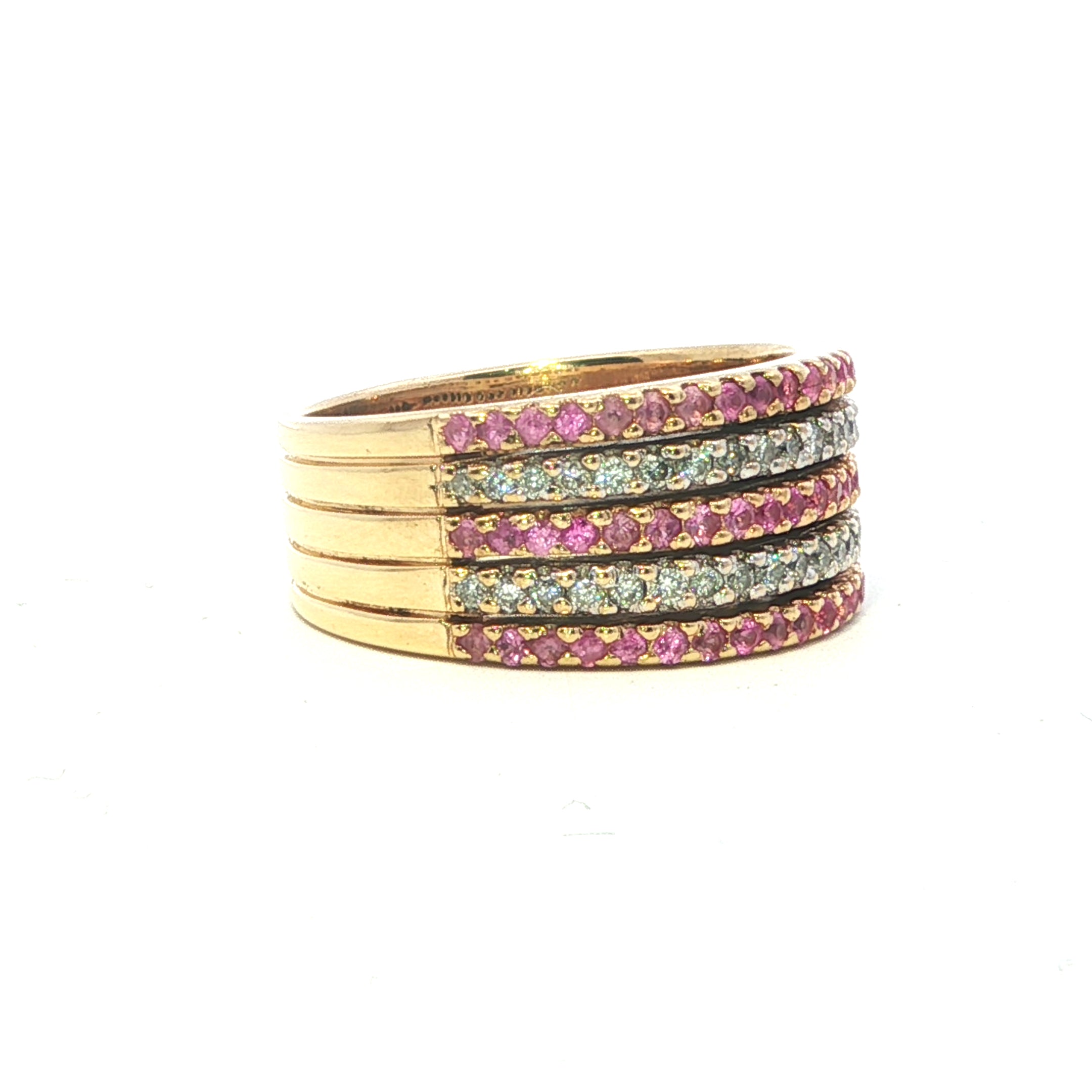 Estate Collection: 18K Yellow Gold Diamond and Pink Stone 5-Row Fashion Band