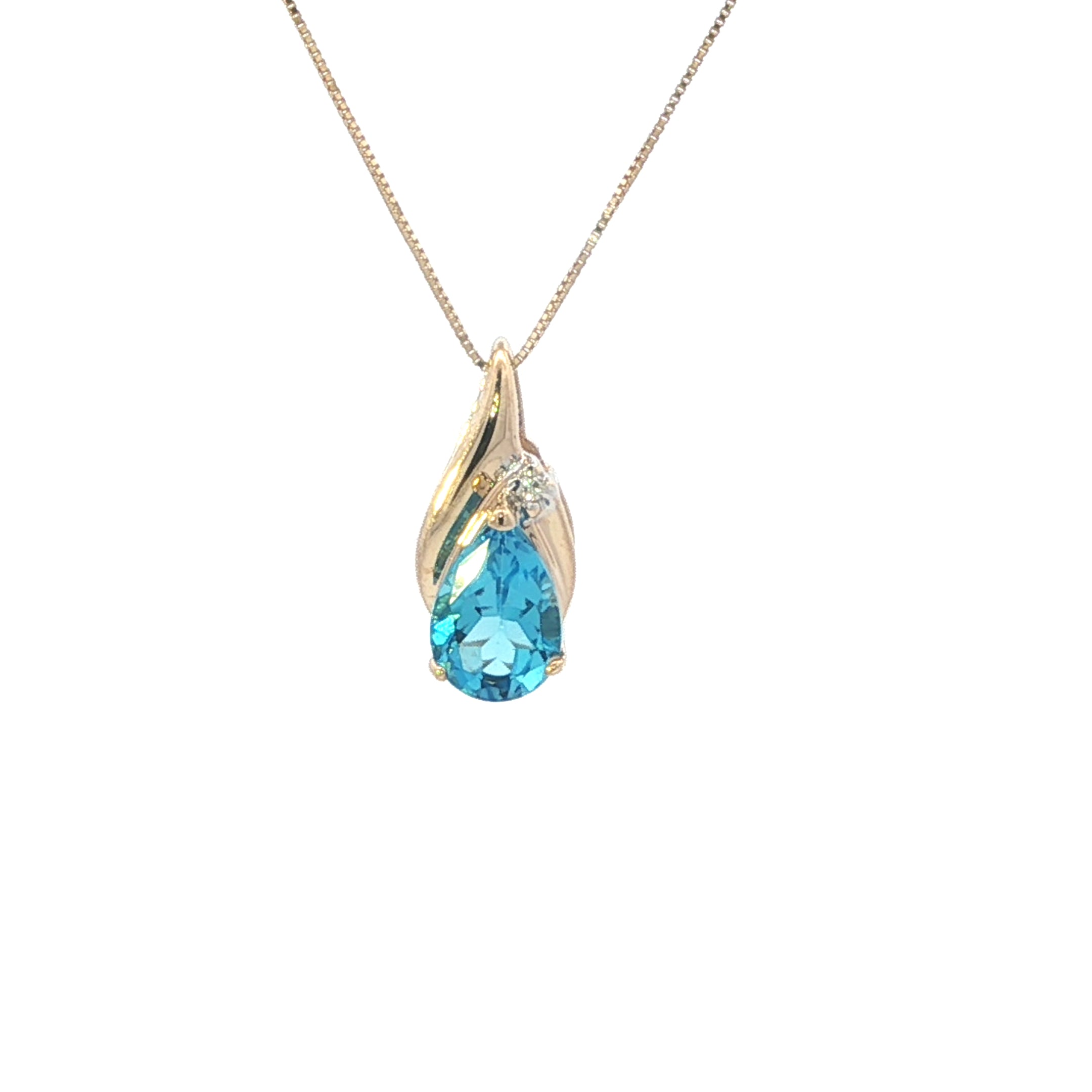 Estate Collection: 10K Yellow Gold Pear-Cut Blue Topaz Diamond Accented Pendant With 10K New Chain