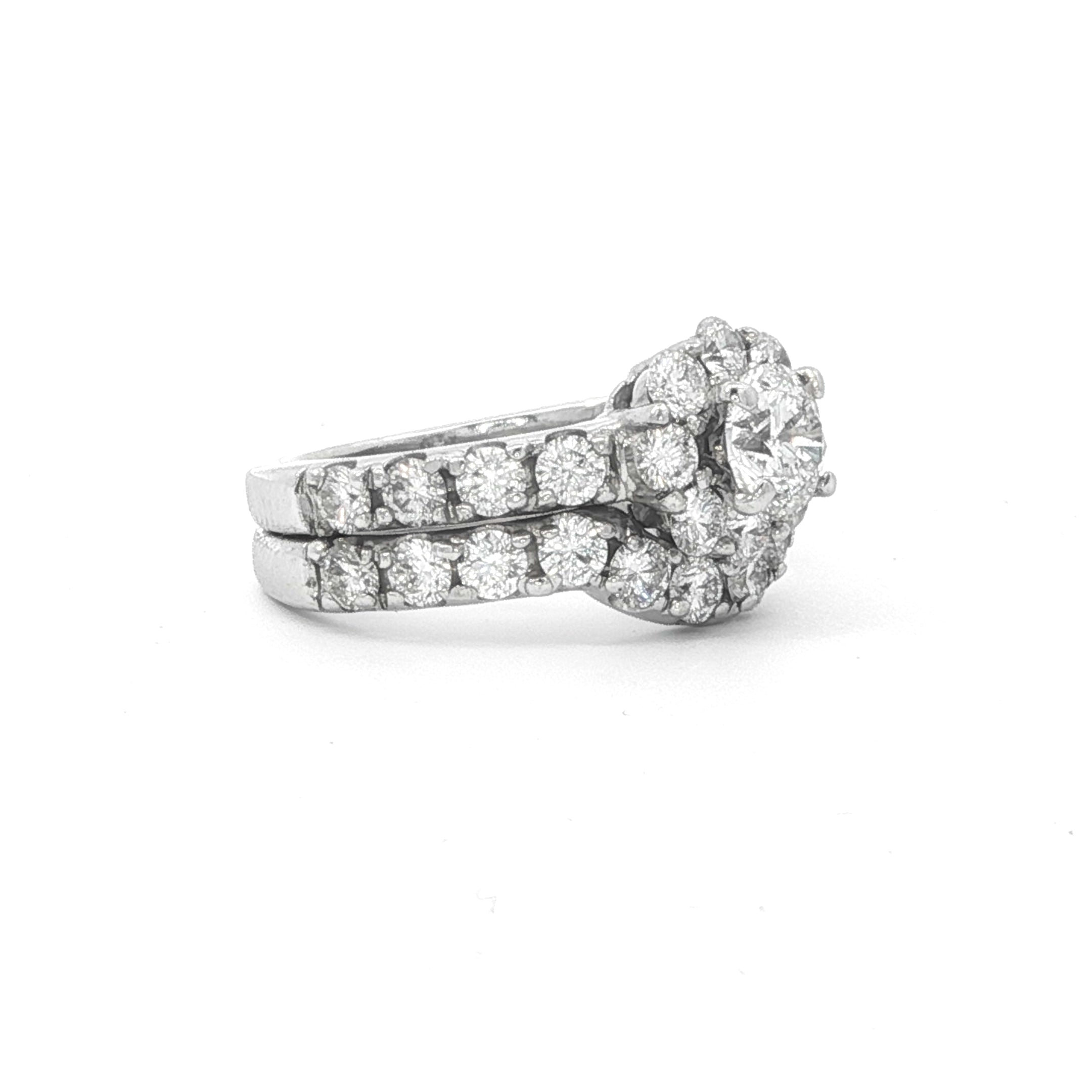 Estate Collection: 14K White Gold 2.02CTW. Leo Diamond Certified Halo Engagement Ring & Curved Wedding Band Bridal Set