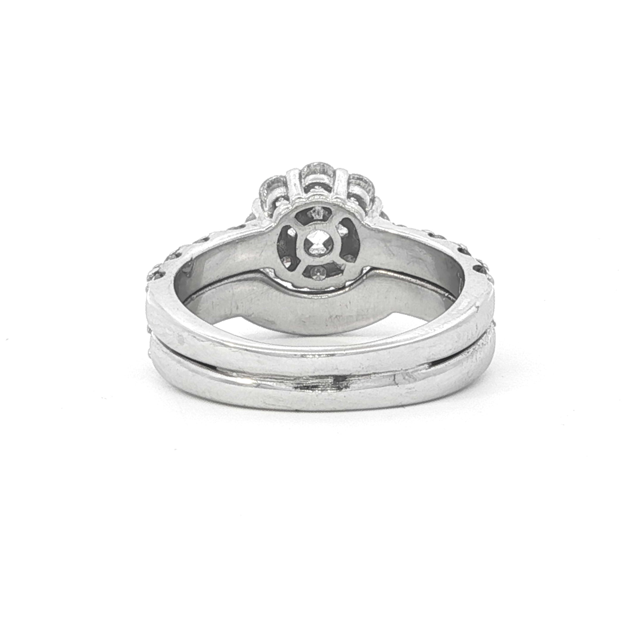 Estate Collection: 14K White Gold 2.02CTW. Leo Diamond Certified Halo Engagement Ring & Curved Wedding Band Bridal Set