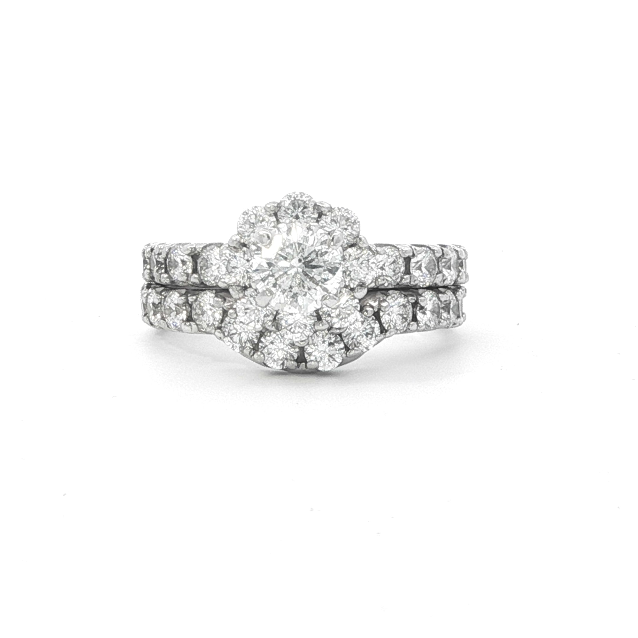 Estate Collection: 14K White Gold 2.02CTW. Leo Diamond Certified Halo Engagement Ring & Curved Wedding Band Bridal Set