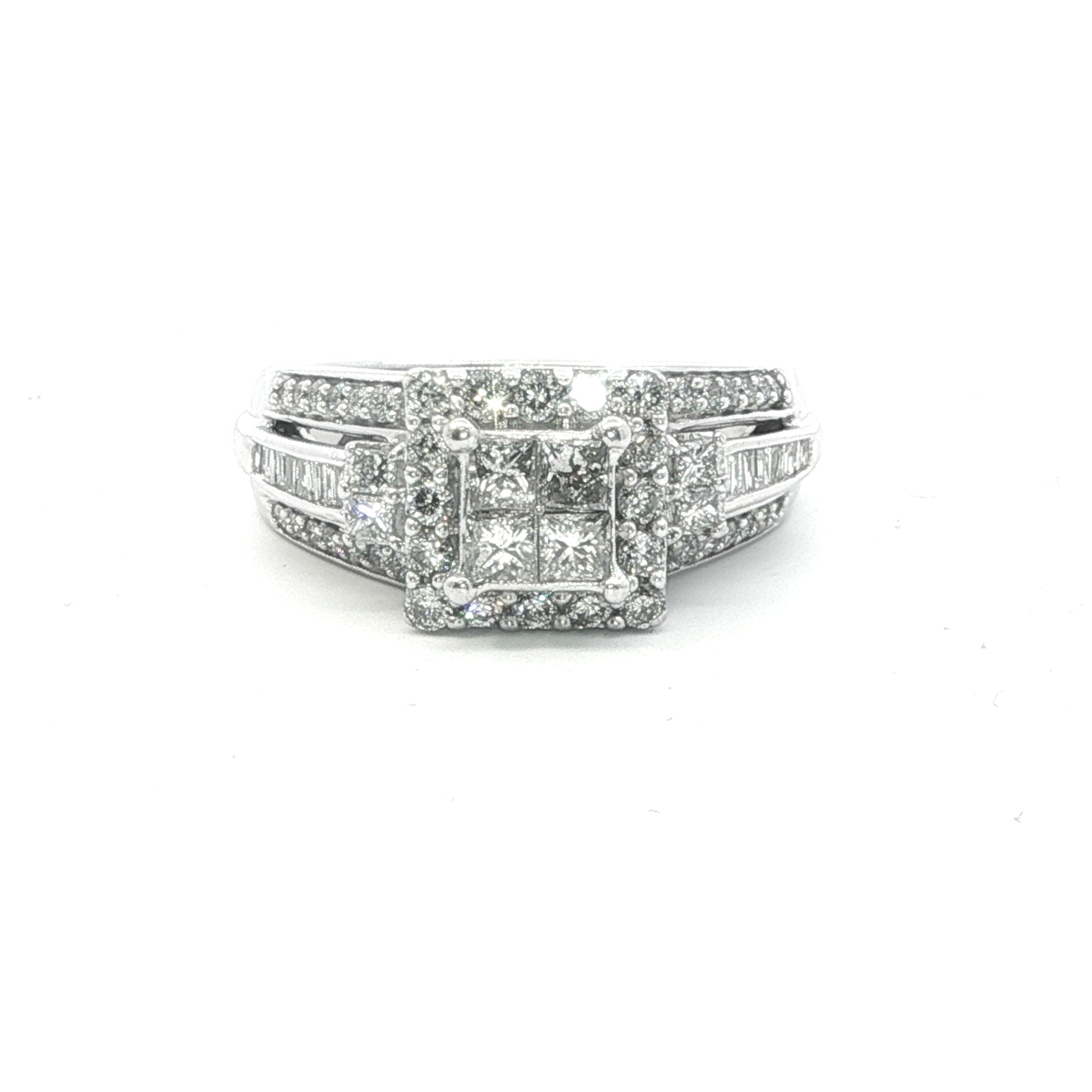 Estate Collection: 10K White Gold Princess-Cut Invisible-Set Diamond Halo Accented 3-Row Engagement Ring