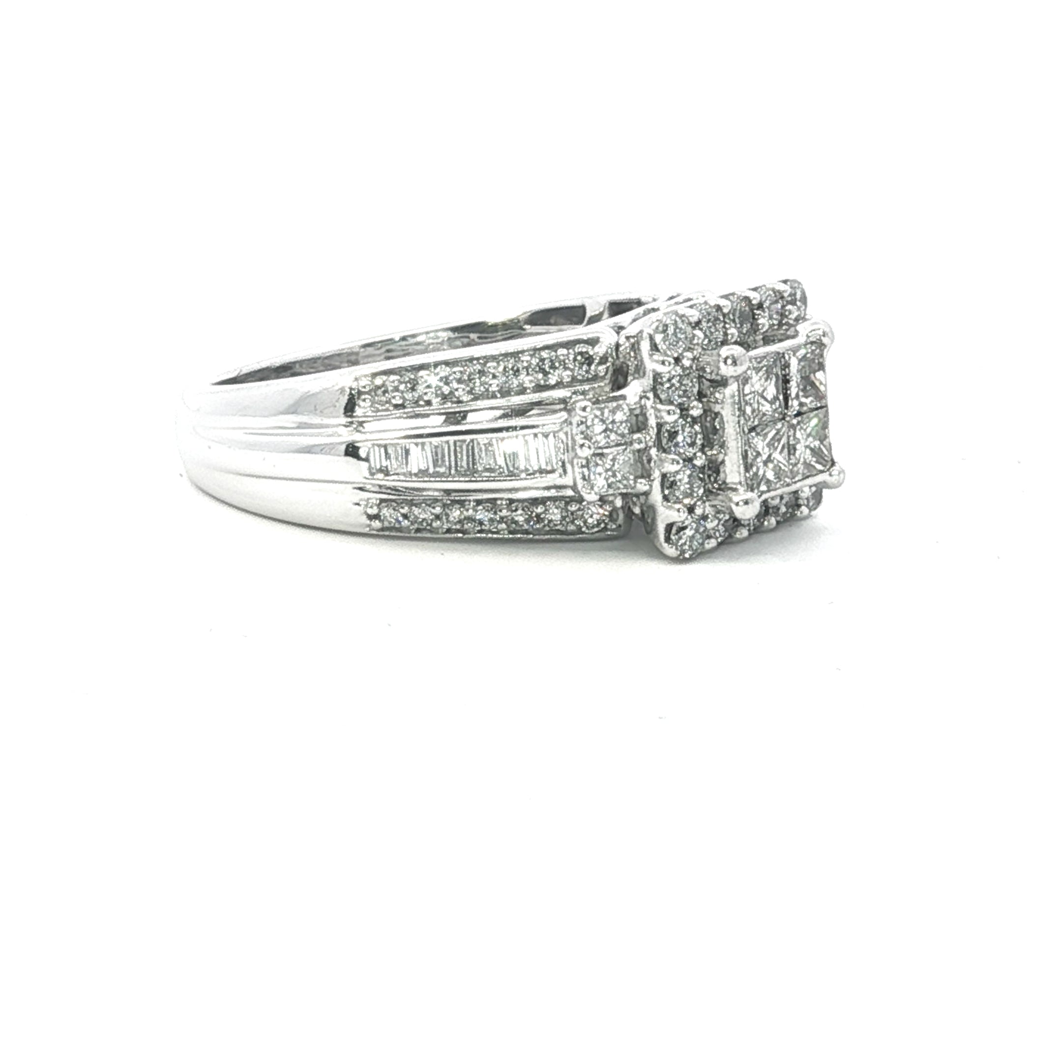 Estate Collection: 10K White Gold Princess-Cut Invisible-Set Diamond Halo Accented 3-Row Engagement Ring