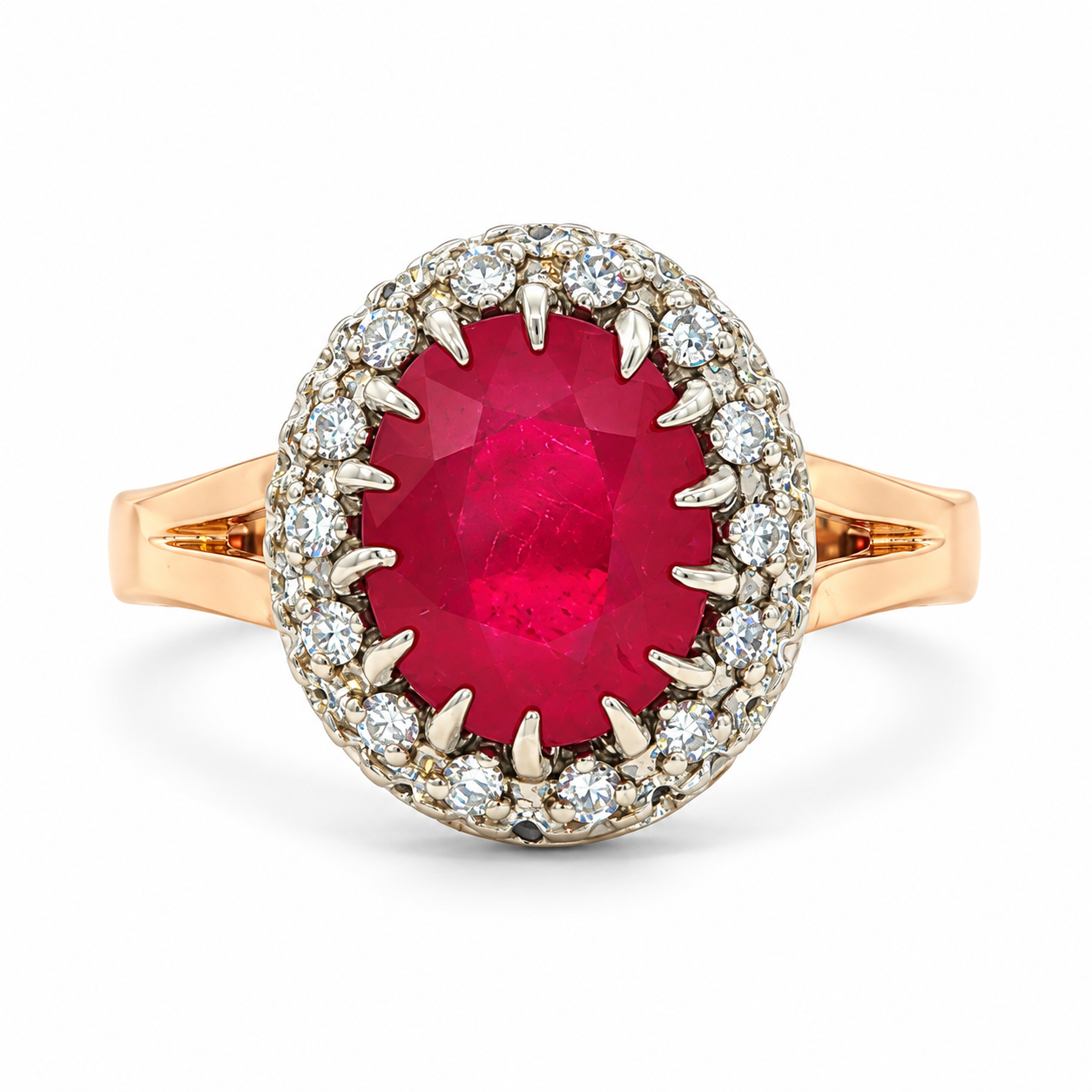 Front view of an estate 14K yellow gold ring with an oval glass-filled ruby and natural diamond halo.