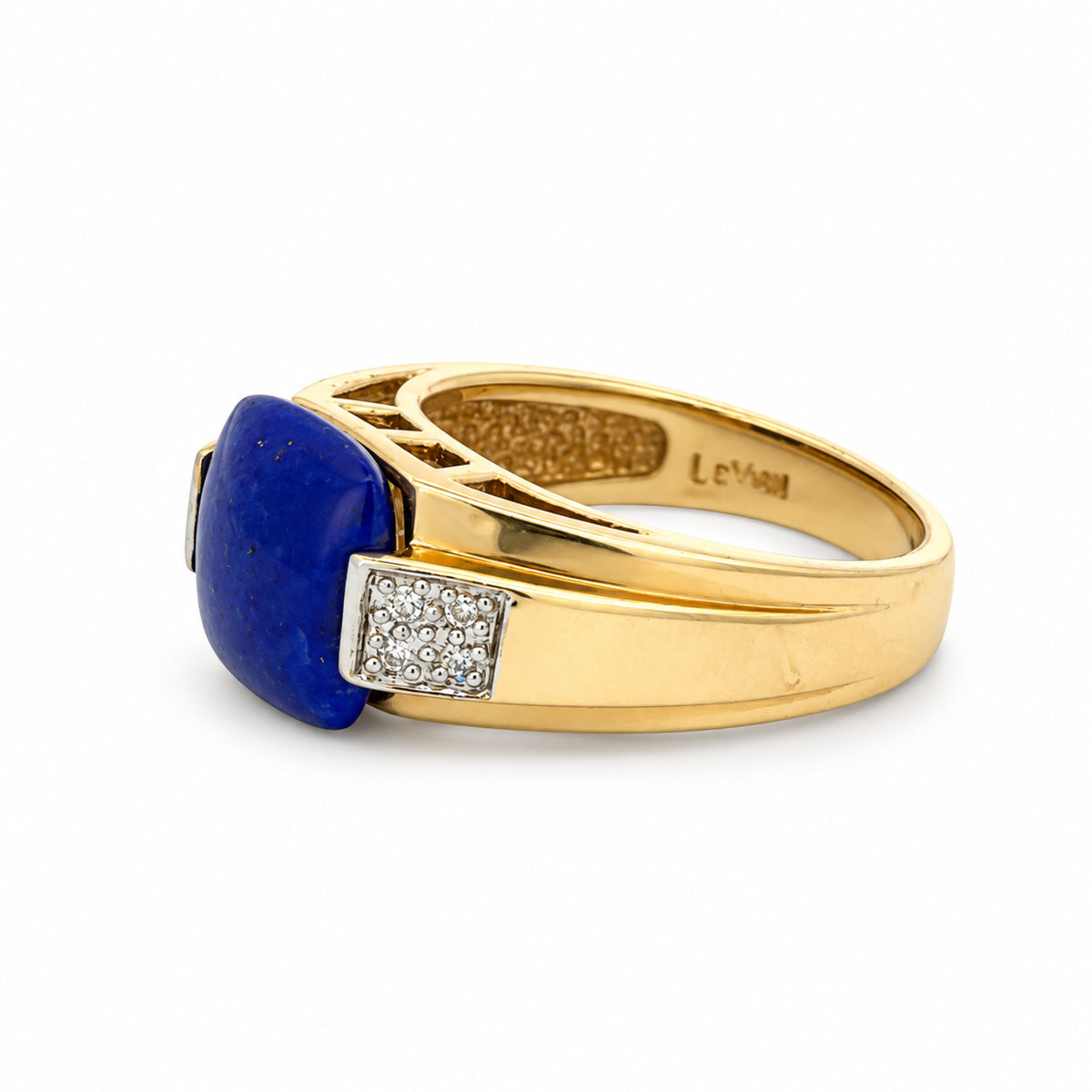 Angled side view of estate Le Vian 14K Honey Gold lapis lazuli ring, showing the diamond accent panel, grooved band and Le Vian hallmark.