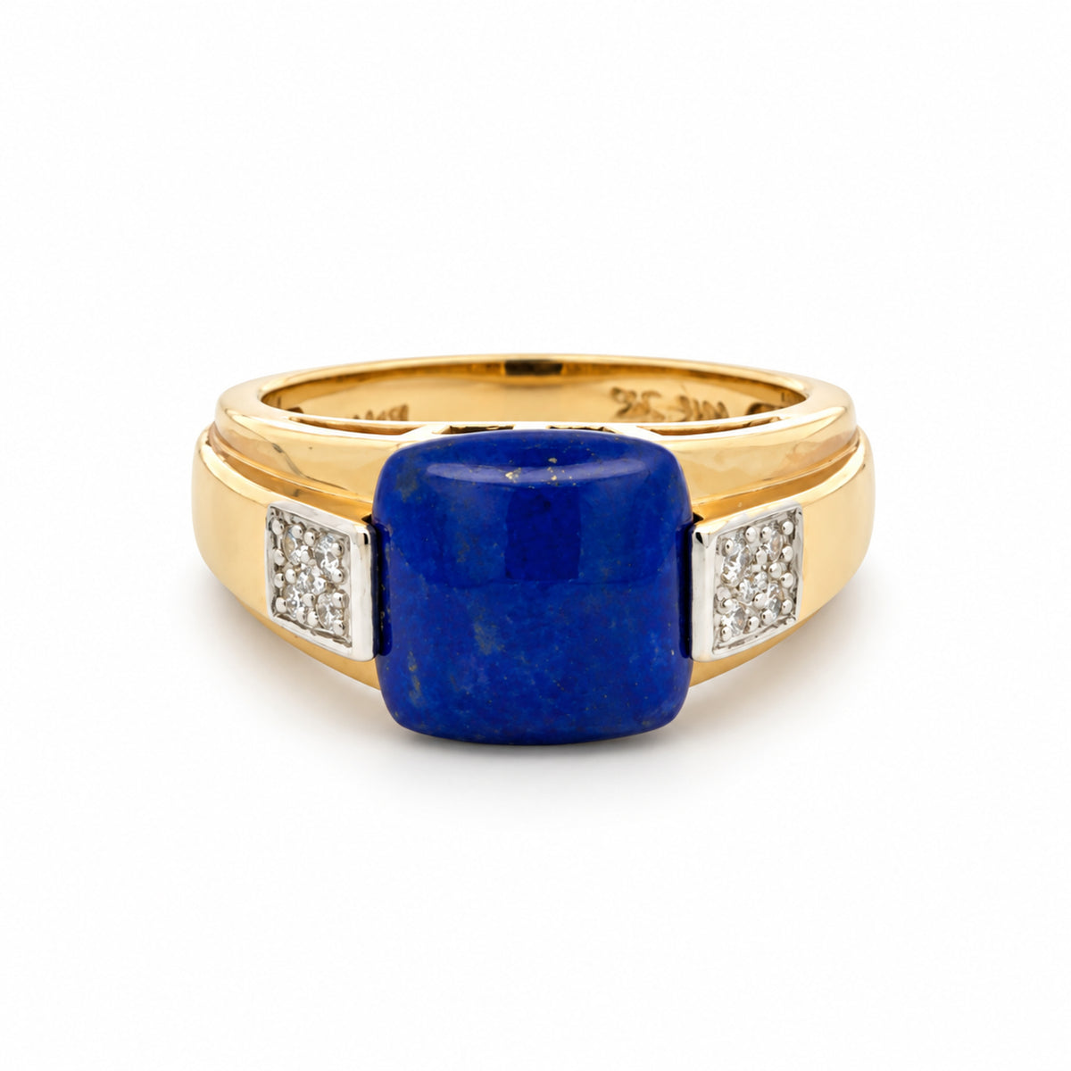 Front view of estate Le Vian 14K Honey Gold ring with cushion-shaped blue lapis lazuli and diamond accent panels on either side.